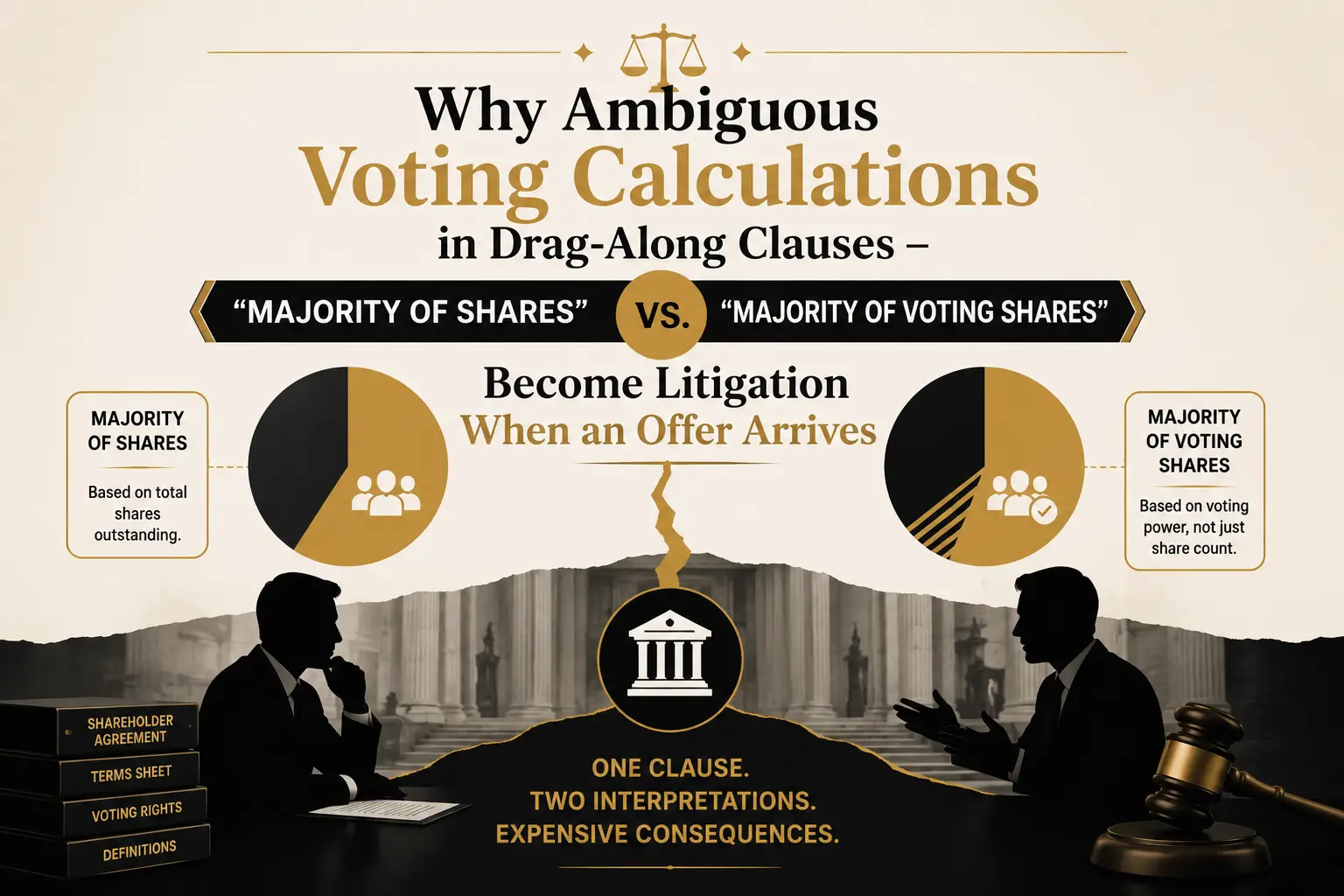 Why Ambiguous Voting Calculations in Drag-Along Clauses Infographic explaining why ambiguous voting calculations in drag-along clauses can trigger litigation, comparing majority of shares with majority of voting shares