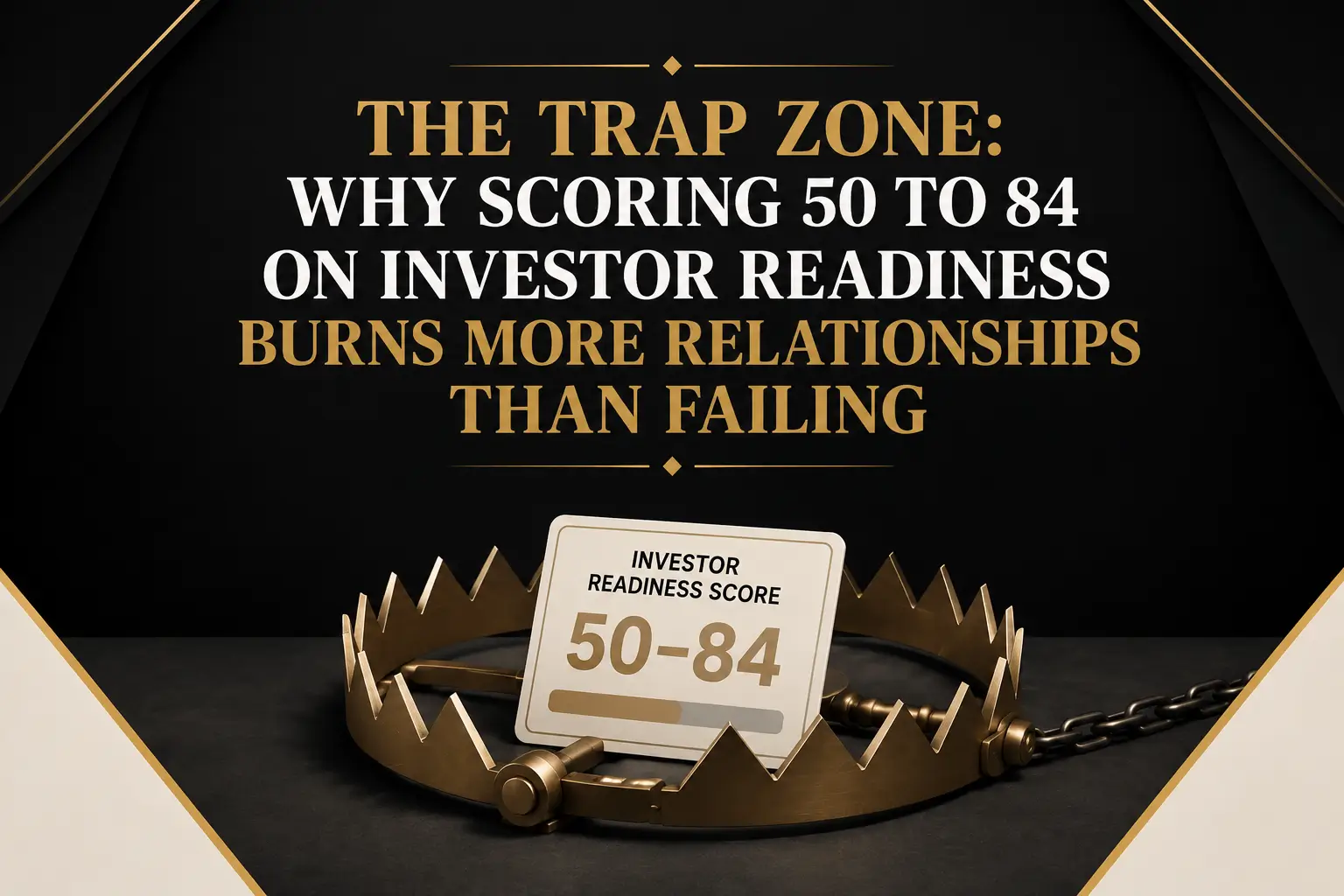 The Trap Zone Why Scoring 50 to 84 on Investor Readiness Burns More Relationships Than Failing Infographic about the trap zone in investor readiness, showing why scoring 50 to 84 burns more relationships than failing and warning that middling prep can damage investor trust
