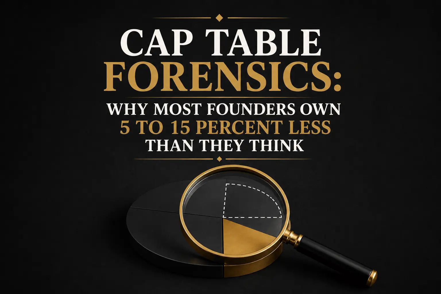 Cap Table Forensics Why Most Founders Own Less Than They Think Cap table forensics graphic showing why most founders own 5 to 15 percent less than they think, with a magnifying glass over a pie chart and black and gold styling