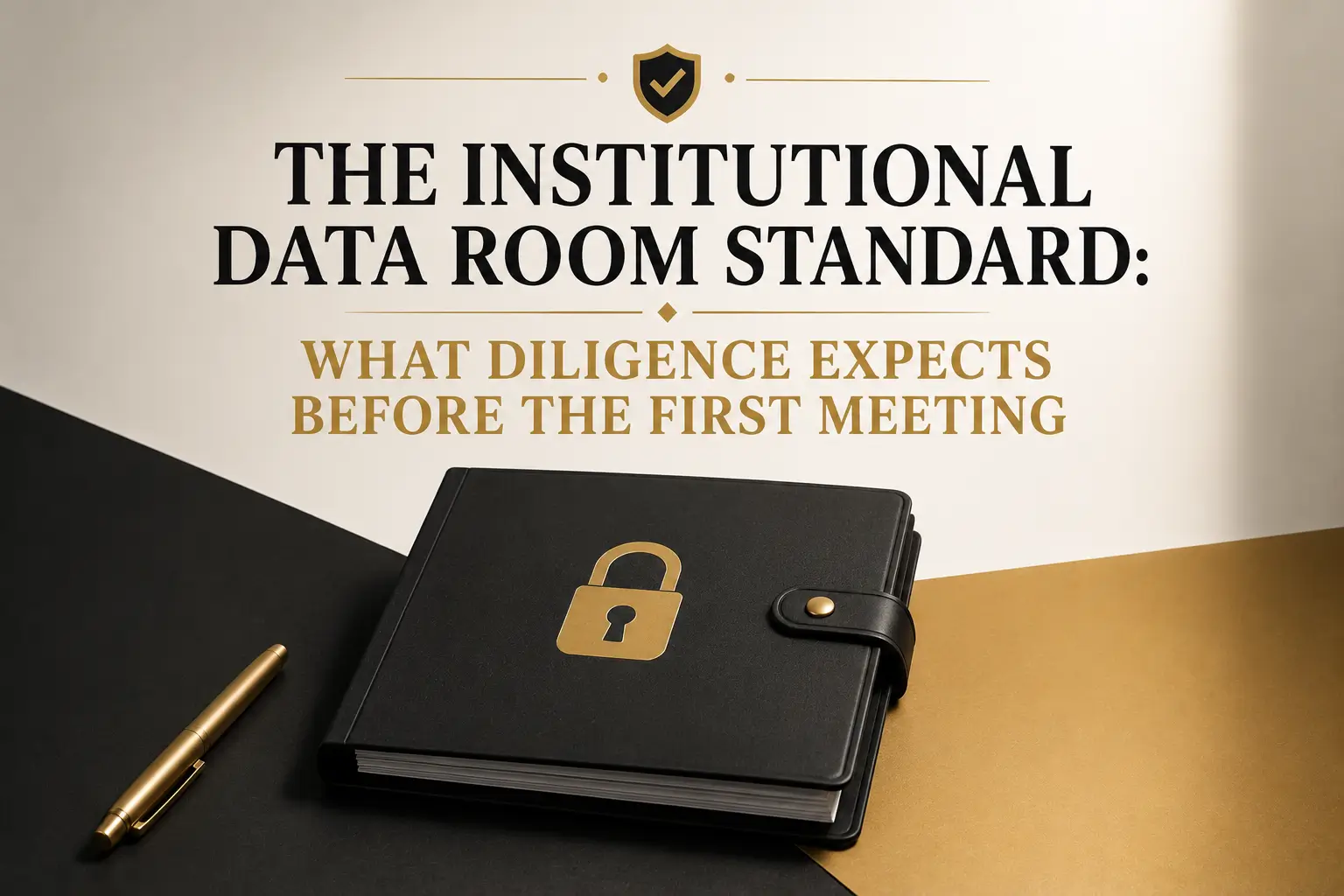 The Institutional Data Room Standard Title slide for The Institutional Data Room Standard, showing a locked black binder and pen with the message that diligence expects prepared documents before the first meeting