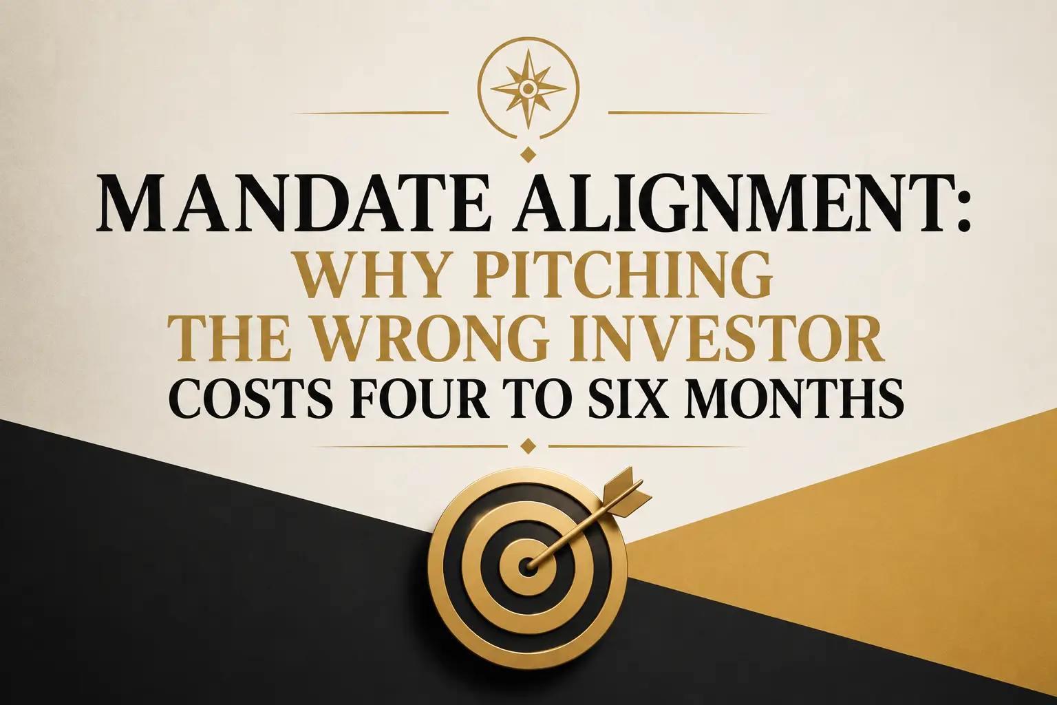 Mandate Alignment Why Pitching the Wrong Investor Costs Four to Six Months Mandate alignment title slide showing why pitching the wrong investor costs four to six months, with a target icon on a black, gold, and cream background