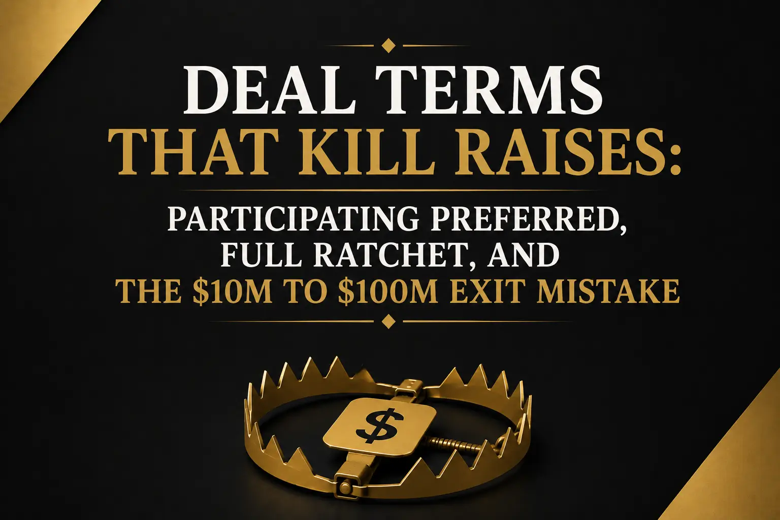 Deal Terms That Kill Raises Title slide about deal terms that kill raises, featuring participating preferred, full ratchet, and the $10M to $100M exit mistake on a black and gold design