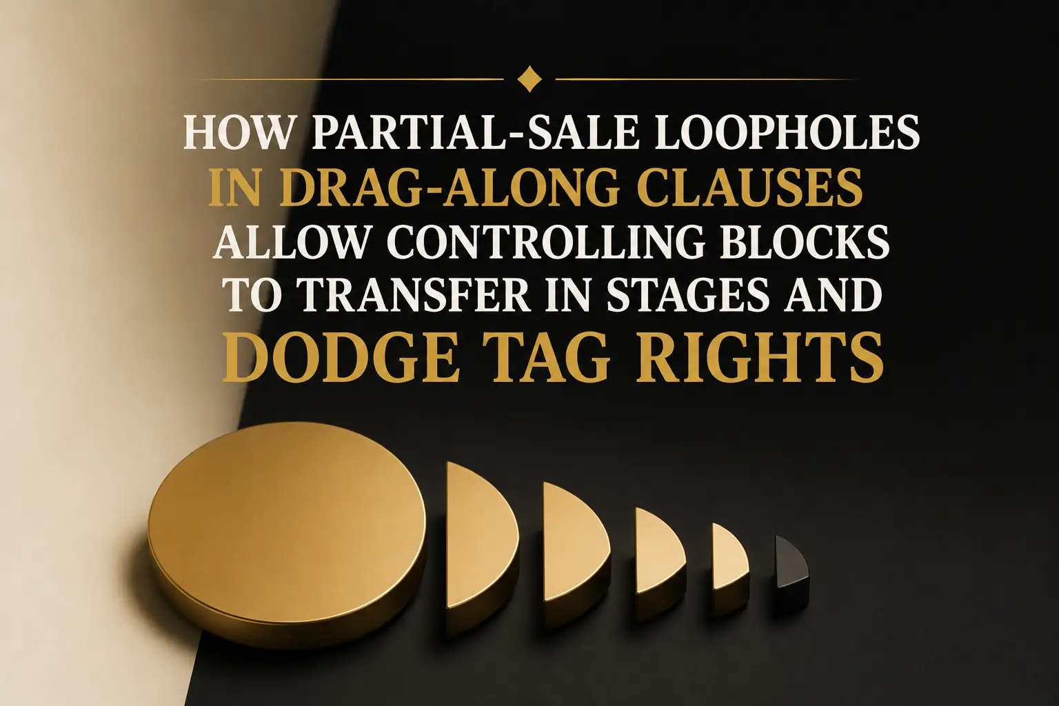 Infographic about how partial-sale loopholes in drag-along clauses let controlling blocks transfer in stages and avoid tag-along rights, shown with a pie chart breaking into smaller pieces