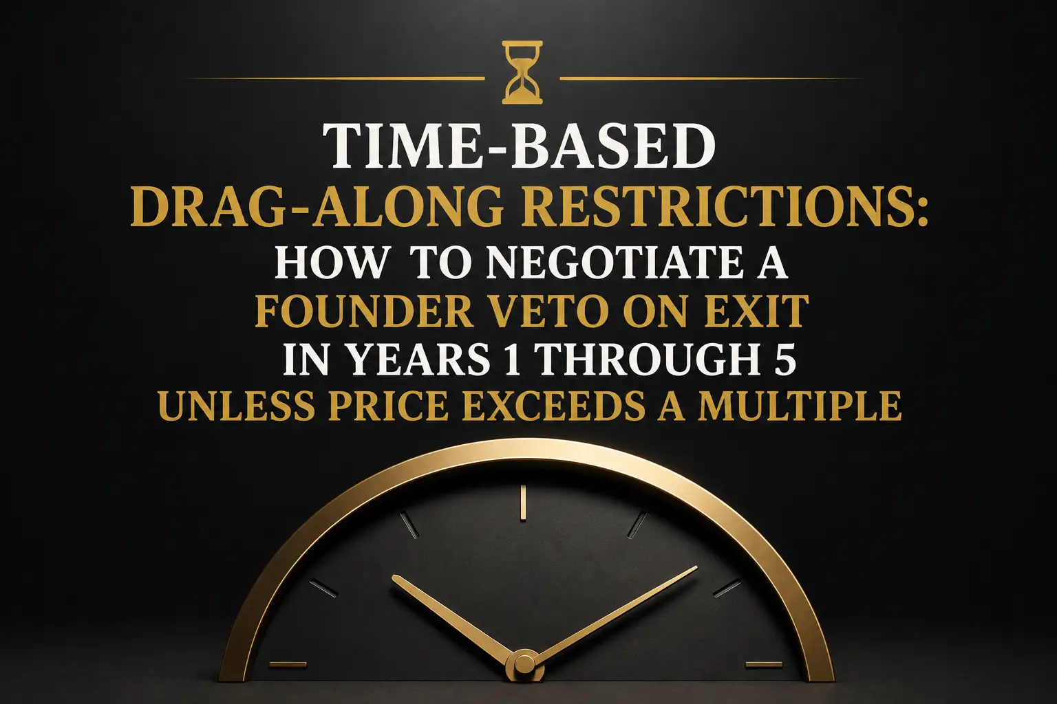Black and gold graphic about time-based drag-along restrictions and founder exit veto rights in years 1 through 5 unless price exceeds a set multiple