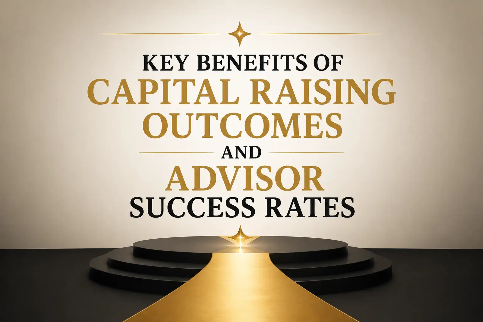 Gold and black stage graphic showing key benefits of capital raising outcomes and advisor success rates