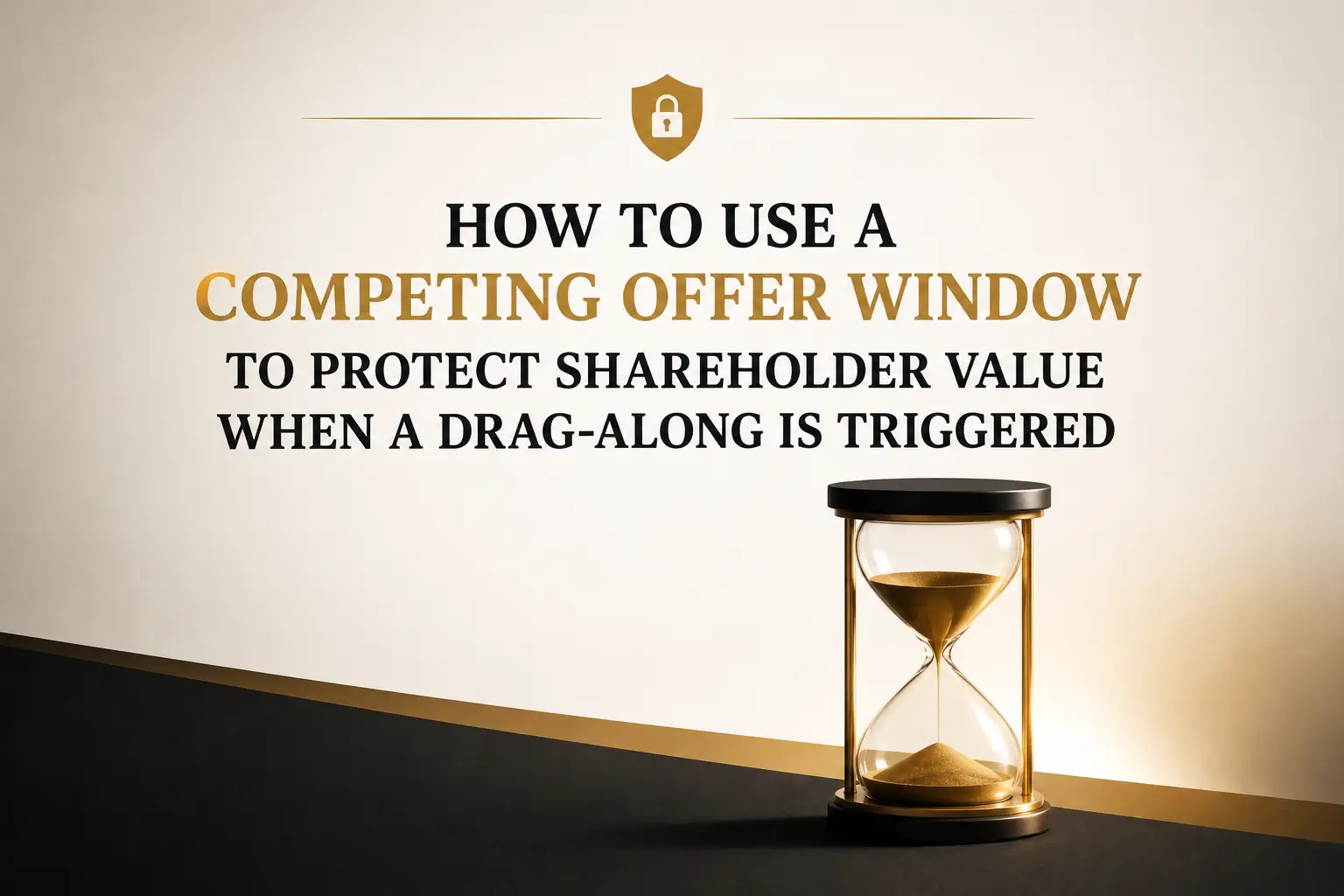 Hourglass graphic about using a competing offer window to protect shareholder value when a drag-along is triggered