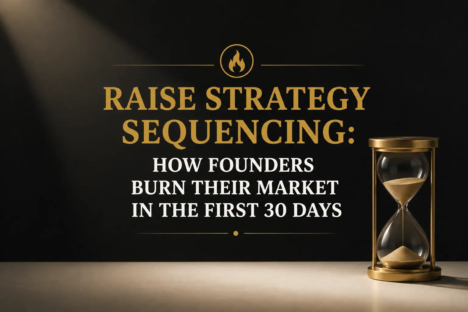 Raise Strategy Sequencing for Founders in the First 30 Days Black and gold hourglass graphic about raise strategy sequencing and how founders burn their market in the first 30 days