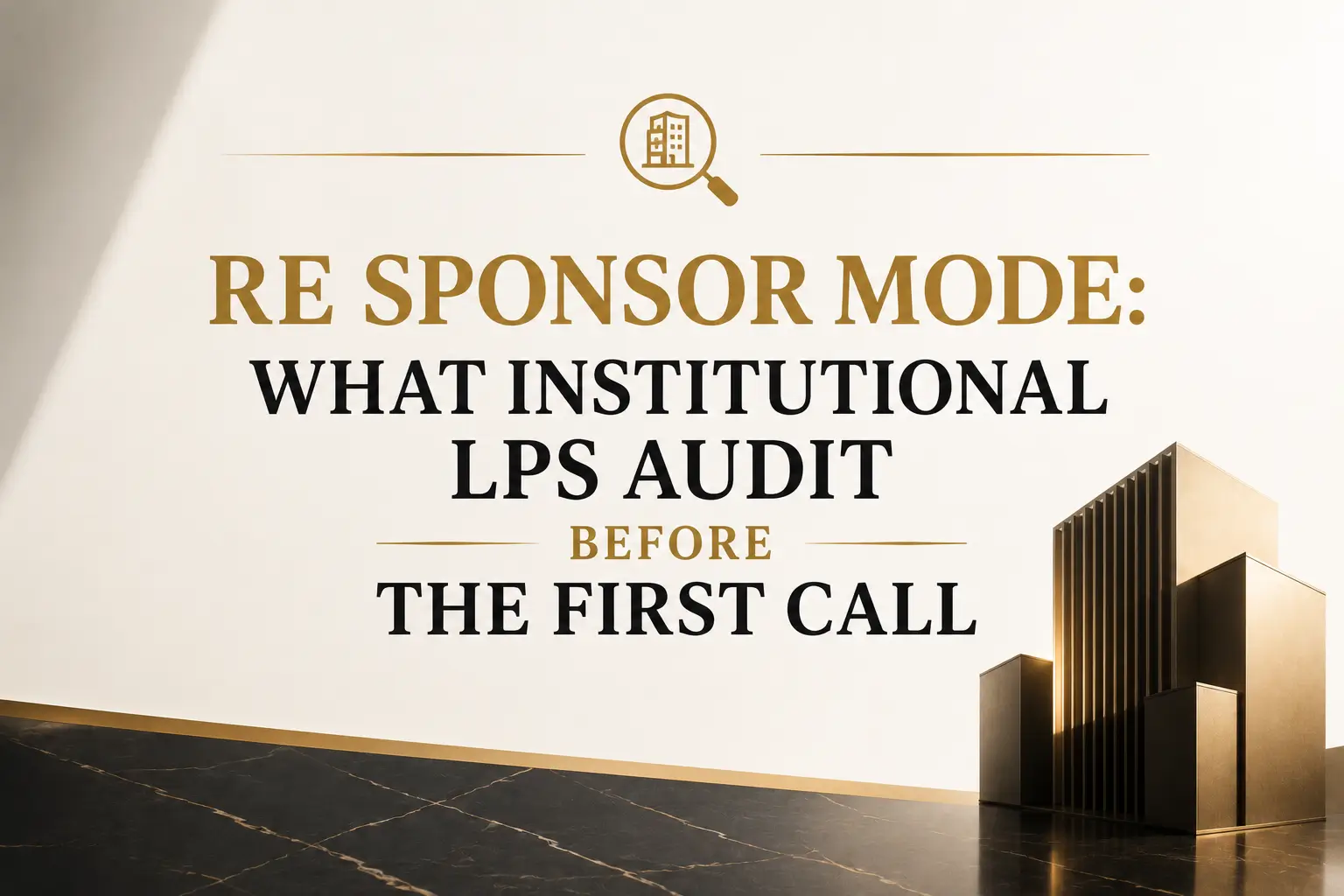 Re Sponsor Mode What Institutional LPs Audit Before the First Call Gold and black title slide about re sponsor mode and what institutional LPs audit before the first call, with stylized buildings on the right