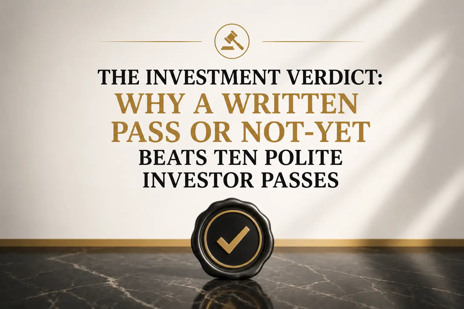 Written Pass or Not-Yet Beats Ten Polite Investor Passes Title slide with a gold checkmark seal and headline about why a written pass or not-yet beats ten polite investor passes