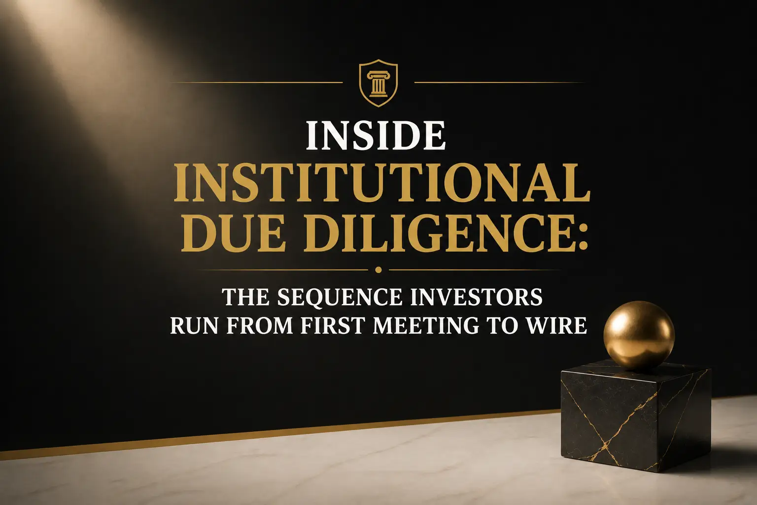Inside Institutional Due Diligence Title slide reading Inside Institutional Due Diligence, with gold and black styling and a pedestal sphere on the right