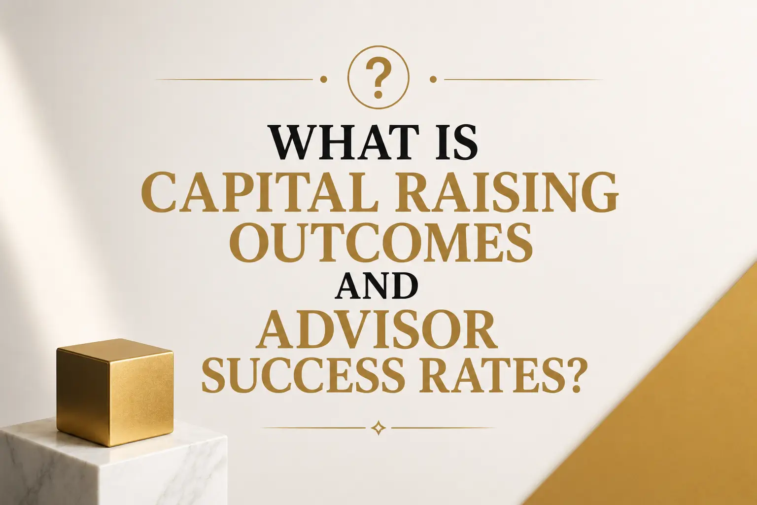 What Are Capital Raising Outcomes and Advisor Success Rates Title slide asking what capital raising outcomes and advisor success rates are, with gold and black typography and a gold cube on a white marble pedestal