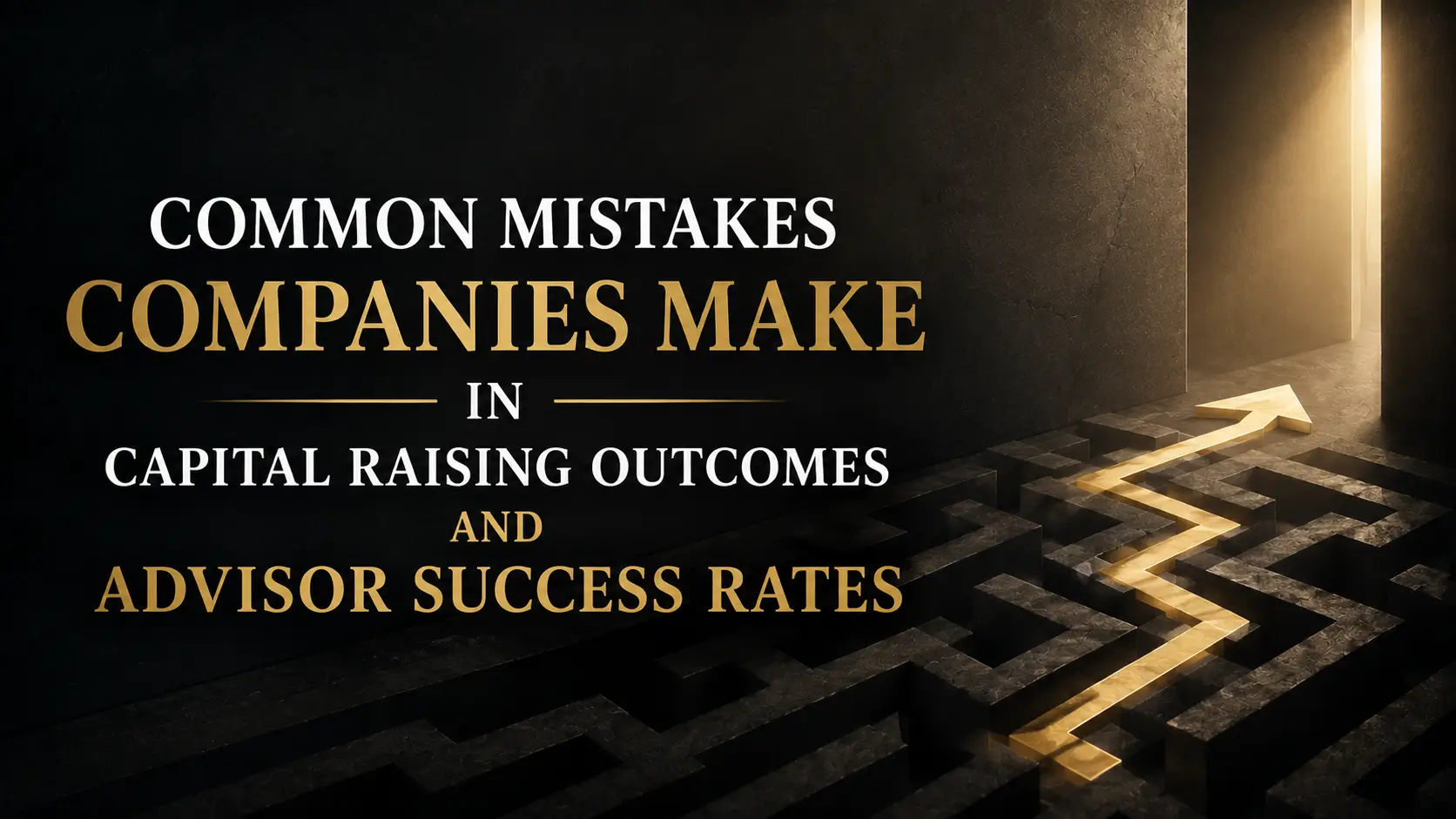 Common Mistakes Companies Make in Capital Raising Outcomes Dark gold maze graphic with a glowing path leading to a lit doorway, illustrating common mistakes companies make in capital raising outcomes and advisor success rates