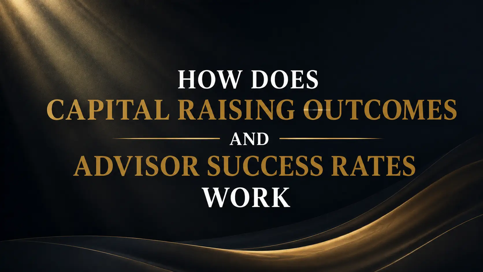 Title slide asking how capital raising outcomes and advisor success rates work, with gold and black typography and flowing gold wave accents