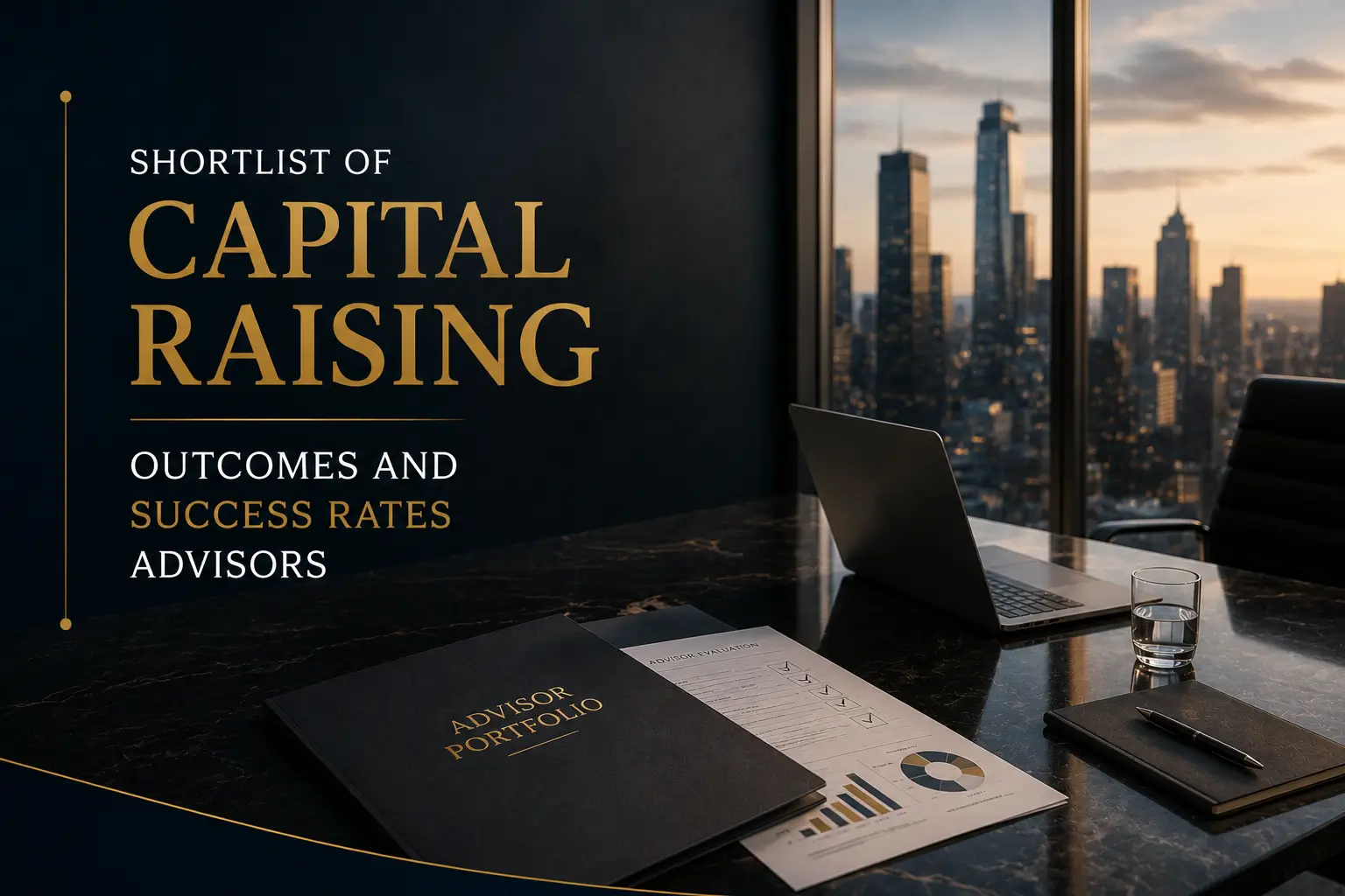 Capital raising shortlist slide with advisor portfolio documents, evaluation sheet, laptop, and city skyline view from a modern office
