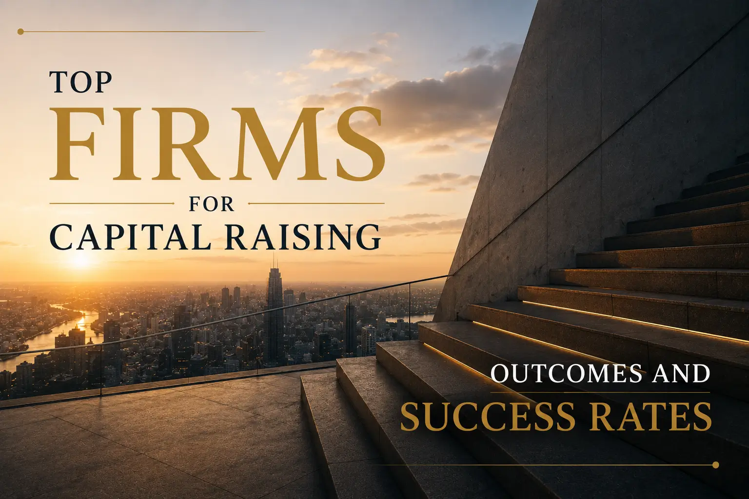 Sunset skyline cover graphic for top firms for capital raising outcomes and success rates, with stairs and modern concrete architecture