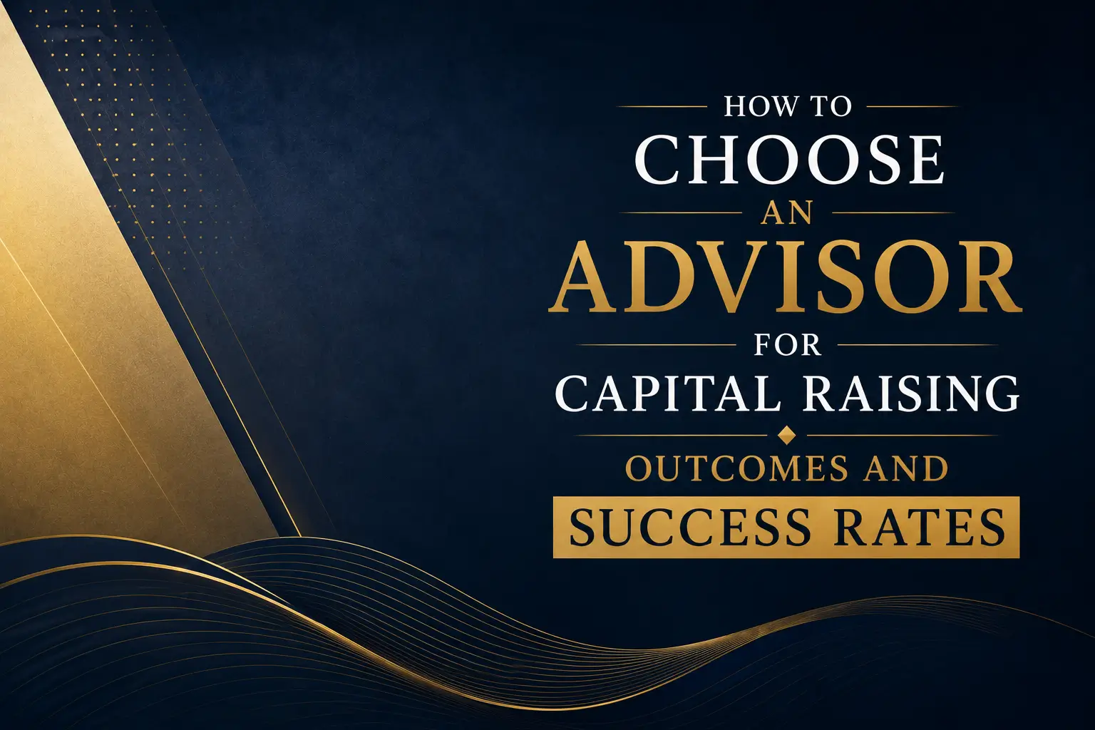 Title slide reading how to choose an advisor for capital raising outcomes and success rates, with dark navy and gold geometric accents