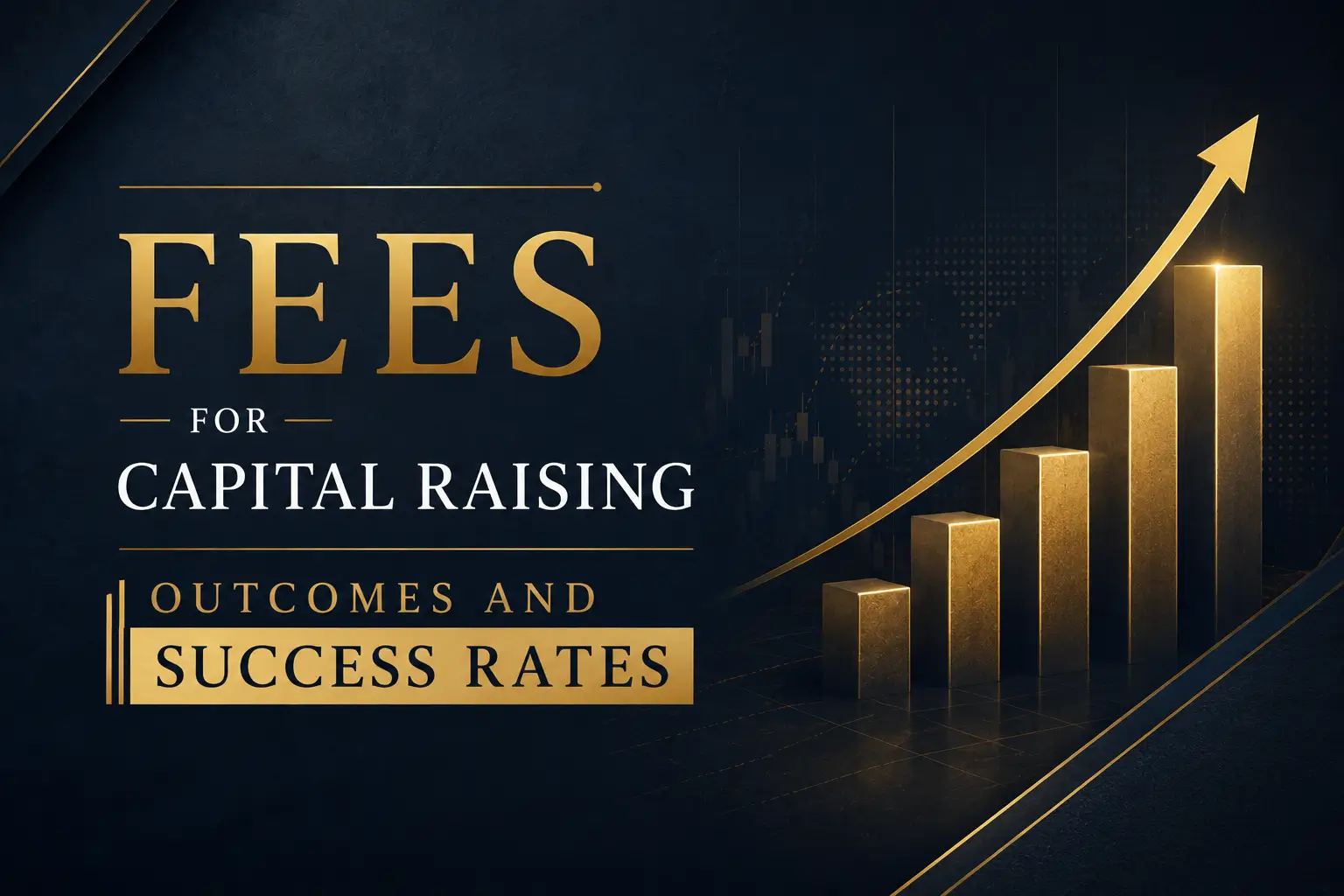 Fees for capital raising outcomes and success rates, with gold bar chart and upward growth arrow on a dark navy background