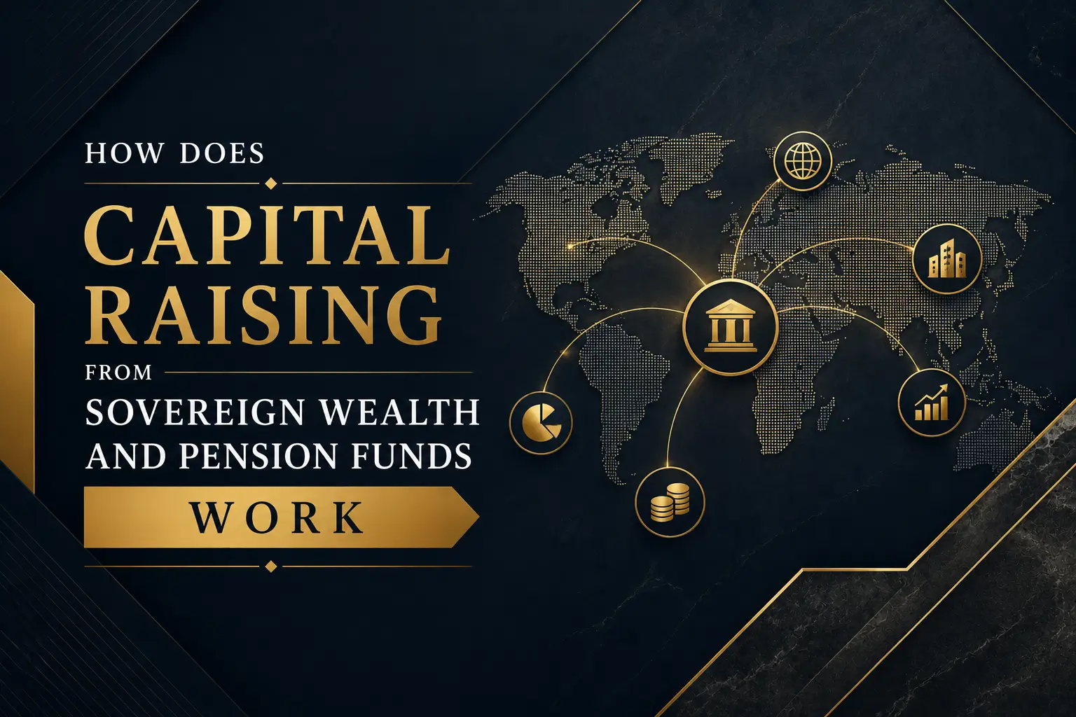 How capital raising from sovereign wealth and pension funds works, with a world map, institutional icons, and gold-accented finance graphics