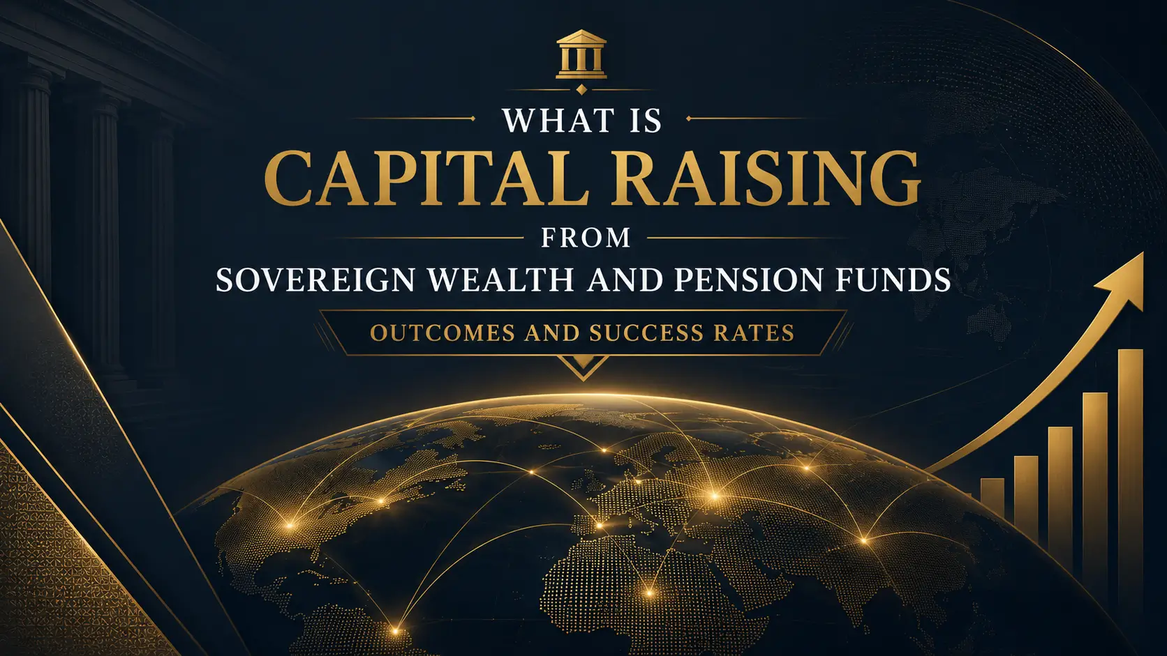 What is capital raising from sovereign wealth and pension funds, with a glowing world map, upward chart, and dark navy gold design