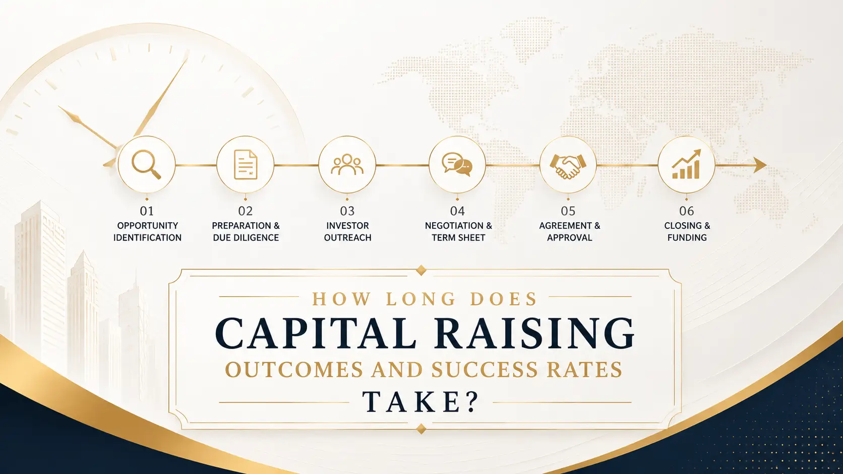 How long capital raising outcomes and success rates take, with six-step process icons, globe backdrop, and gold navy finance design
