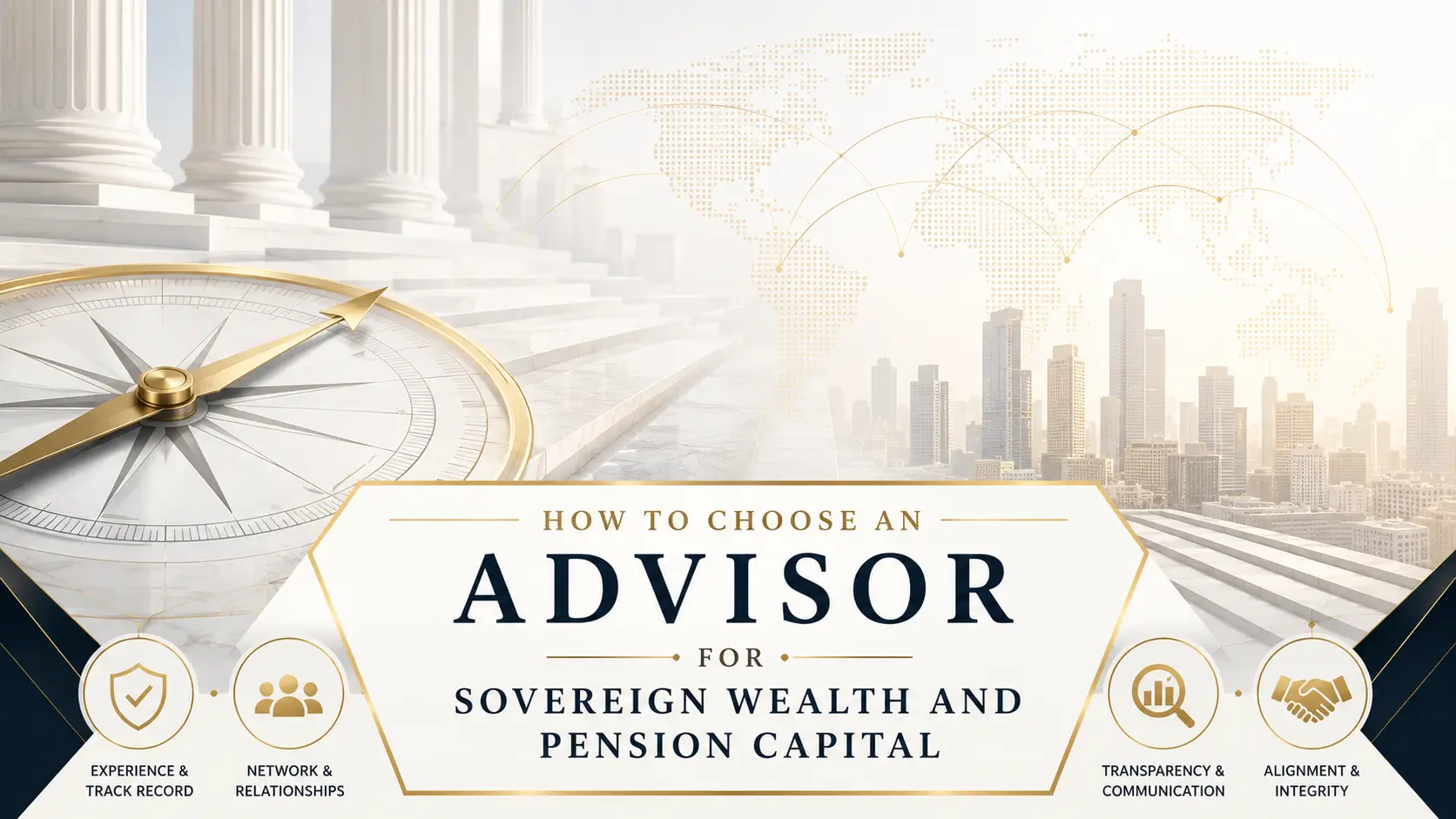 Title slide reading how to choose an advisor for sovereign wealth and pension capital, with compass, skyline, and trust icons