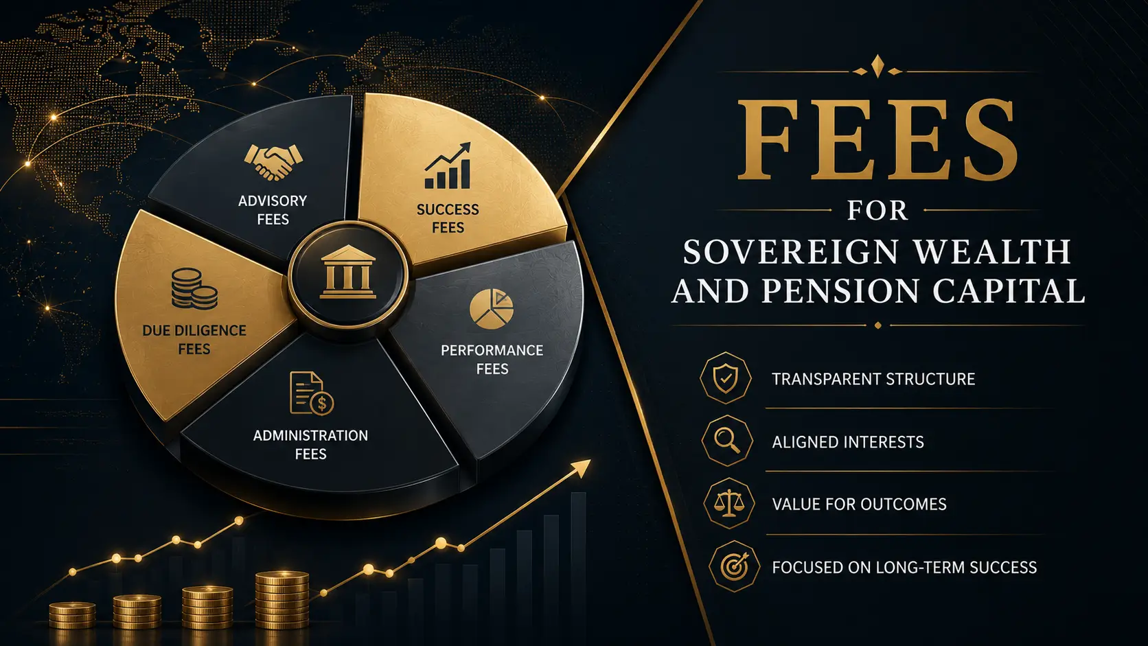 Fees for sovereign wealth and pension capital, with advisory, success, due diligence, and administration fee segments in a gold black pie chart