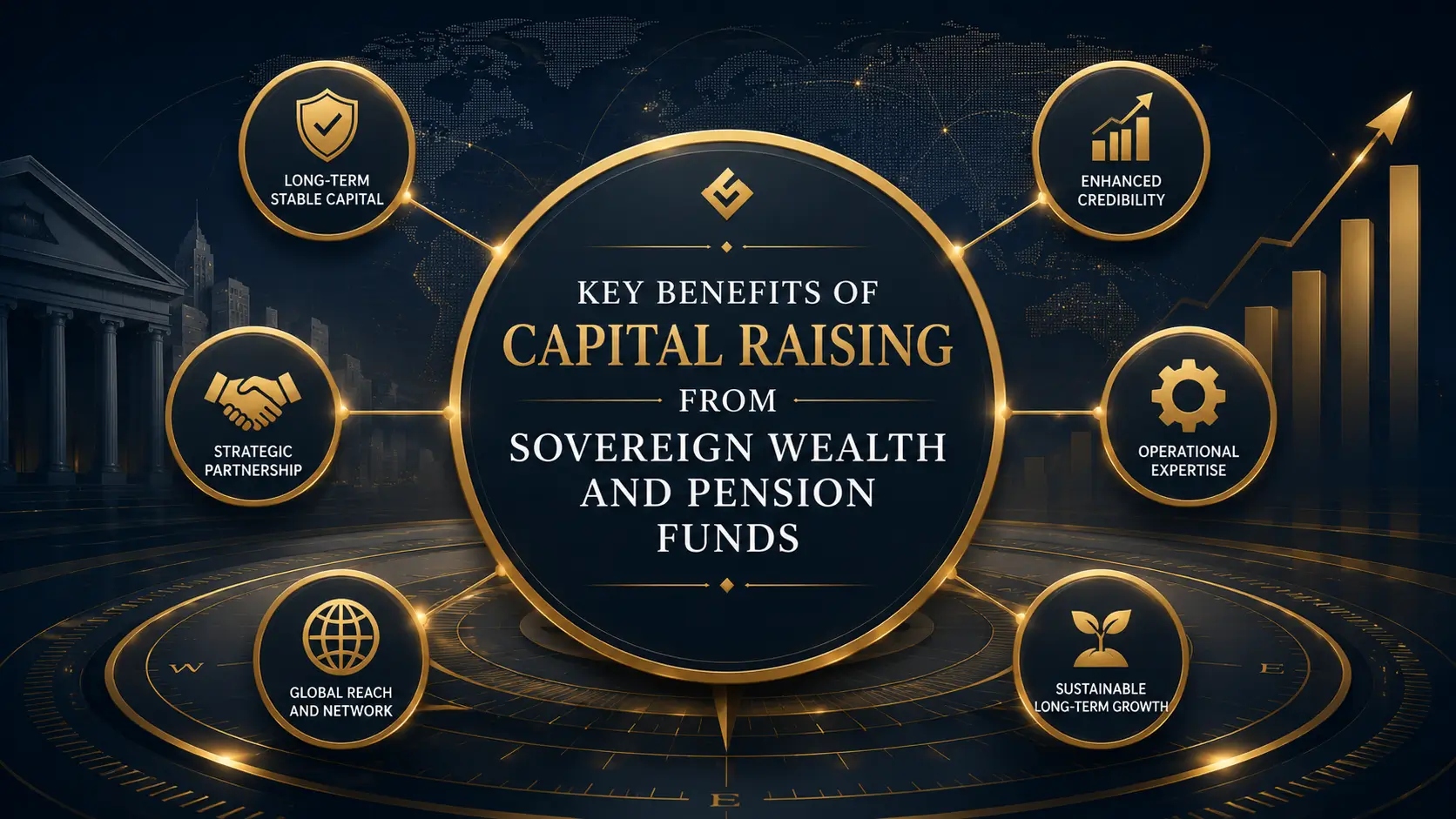 Sovereign wealth and pension fund capital raising benefits: stable capital, credibility, partnerships, global reach, expertise, and growth