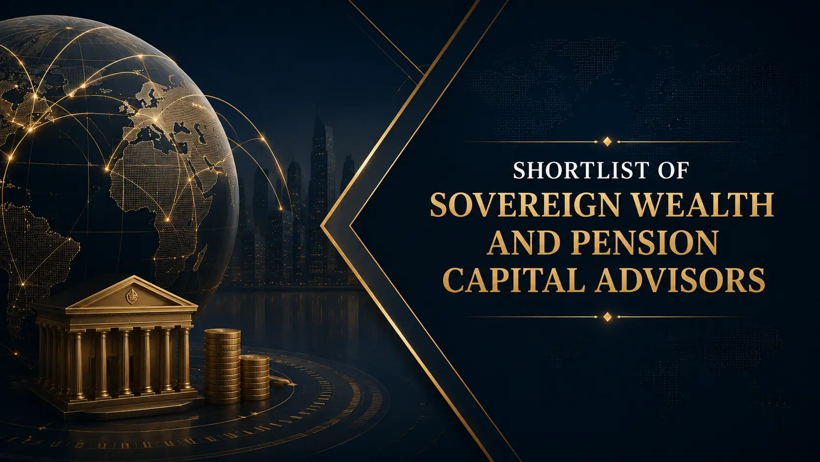Shortlist of sovereign wealth and pension capital advisors, with globe, institutional building, and stacked gold coins on a dark blue background
