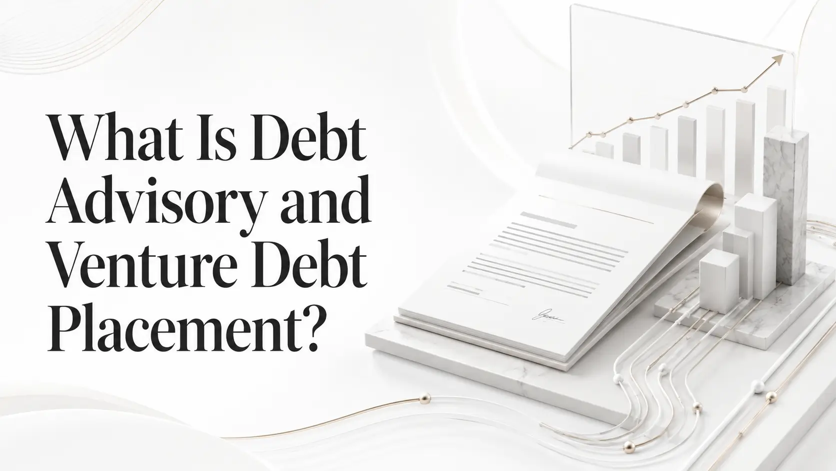 What is debt advisory and venture debt placement, with document, rising chart, and institutional capital structure on a white marble background