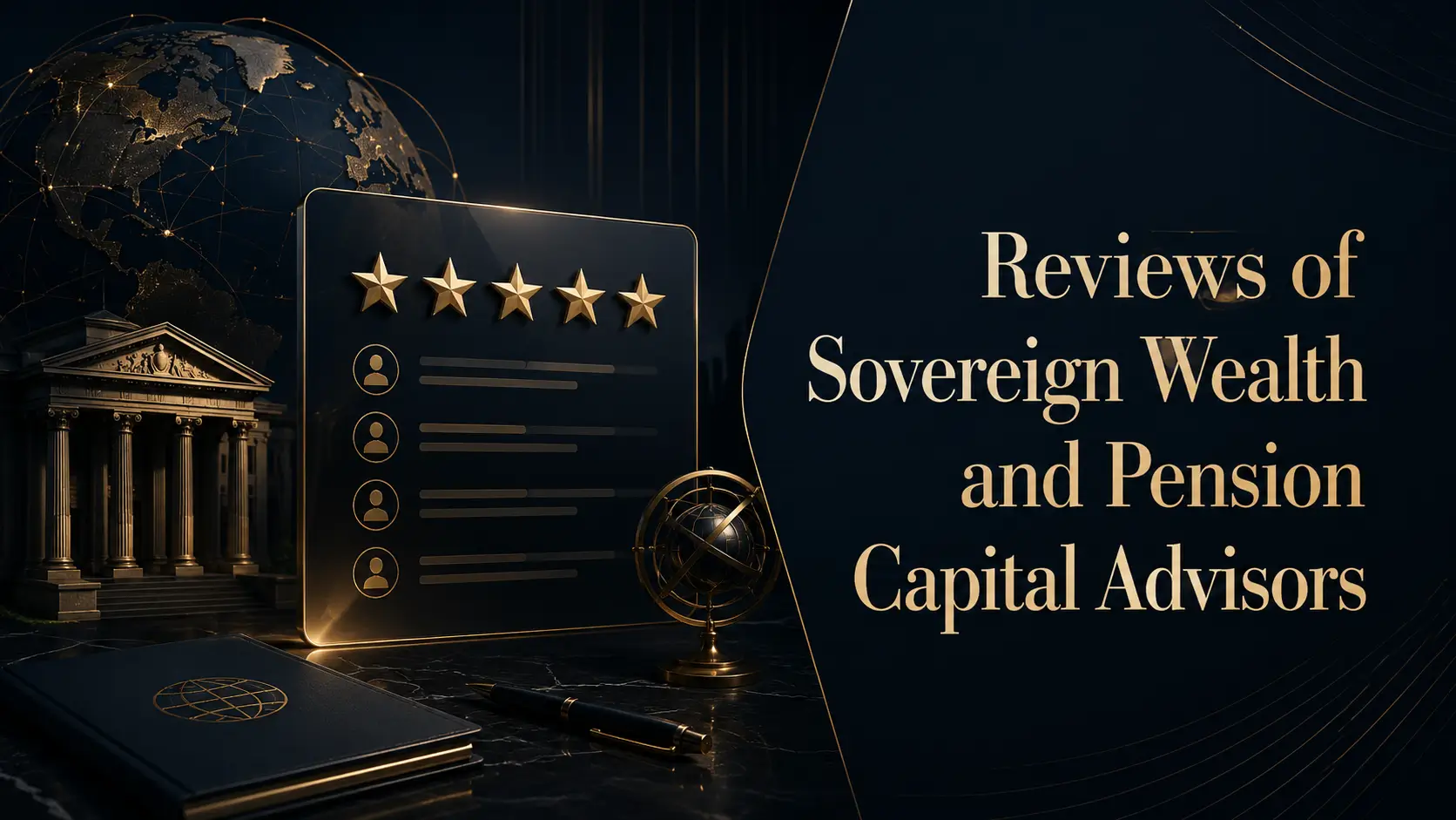 Reviews of sovereign wealth and pension capital advisors, with five-star ratings, institutional building, globe, and review board visuals