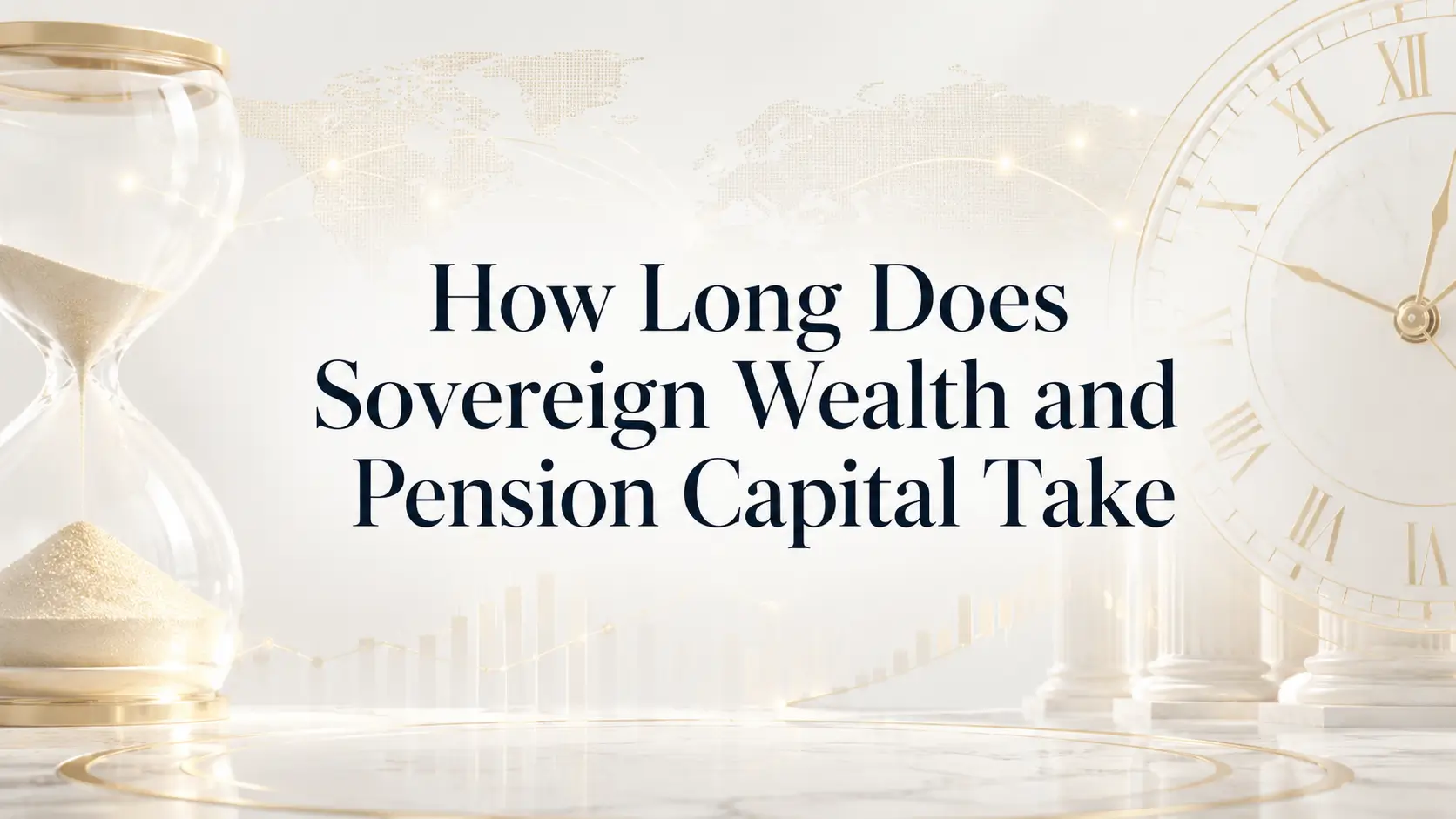 How Long Sovereign Wealth and Pension Capital Take How long sovereign wealth and pension capital take, with hourglass, clock, world map, and institutional columns on a bright gold white background