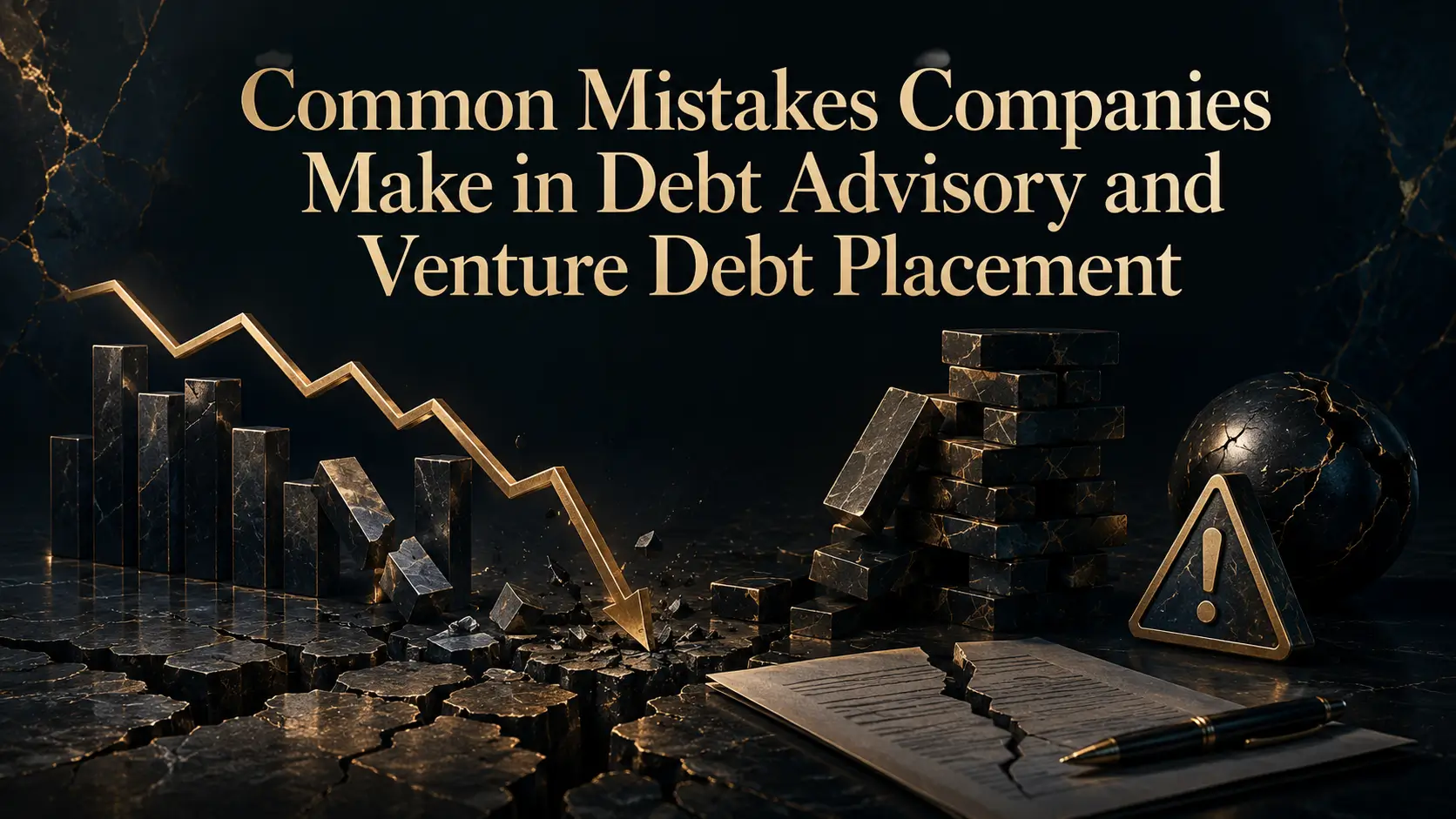 Common Mistakes Companies Make in Debt Advisory and Venture Debt Placement Common mistakes companies make in debt advisory and venture debt placement, shown with a falling chart, collapsing blocks, warning icon, and contract on a dark marble background