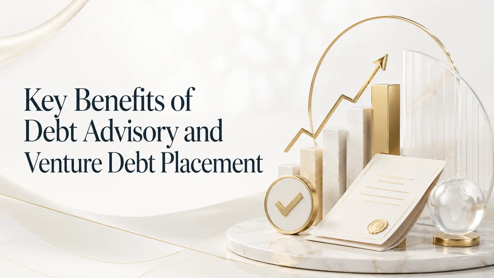 Key benefits of debt advisory and venture debt placement, with rising bars, gold arrow, approval checkmark, and contract document on a white marble platform