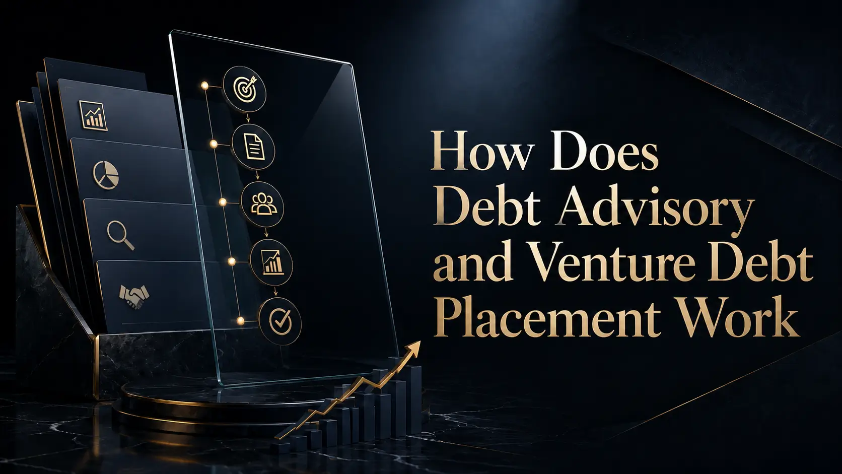 How debt advisory and venture debt placement work, with process icons, charts, handshake, and rising growth graph on a dark gold background