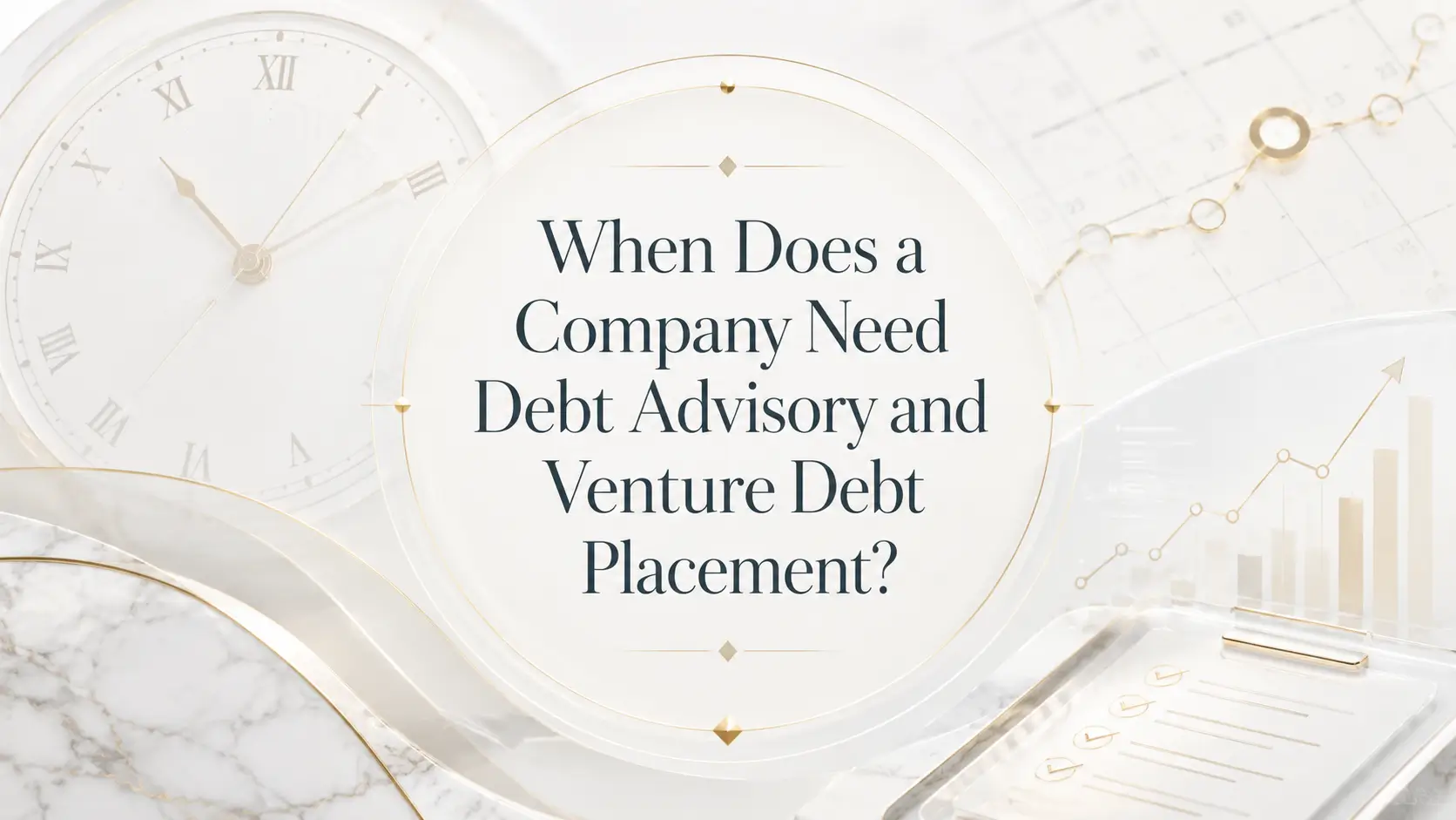 When a Company Needs Debt Advisory and Venture Debt Placement When a company needs debt advisory and venture debt placement, with clock, growth chart, checklist, and marble background