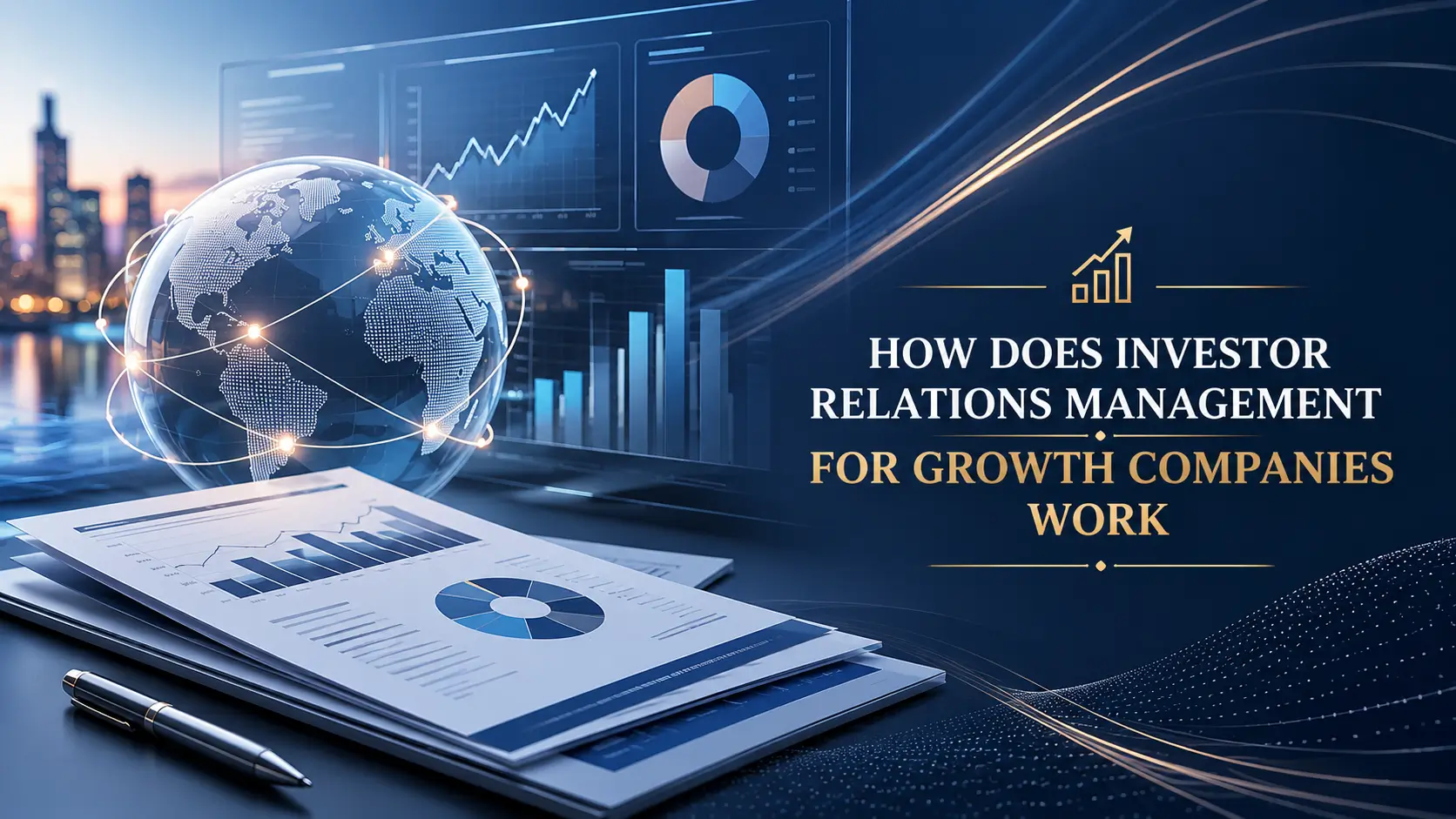 Investor relations management for growth companies, with globe graphics, charts, and financial reports on a dark blue desk