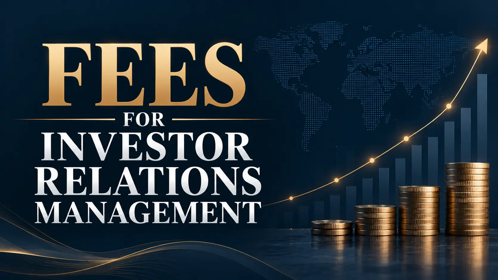 Fees for Investor Relations Management Fees for investor relations management, with rising gold coins, a growth chart, and a global market map on a dark blue background