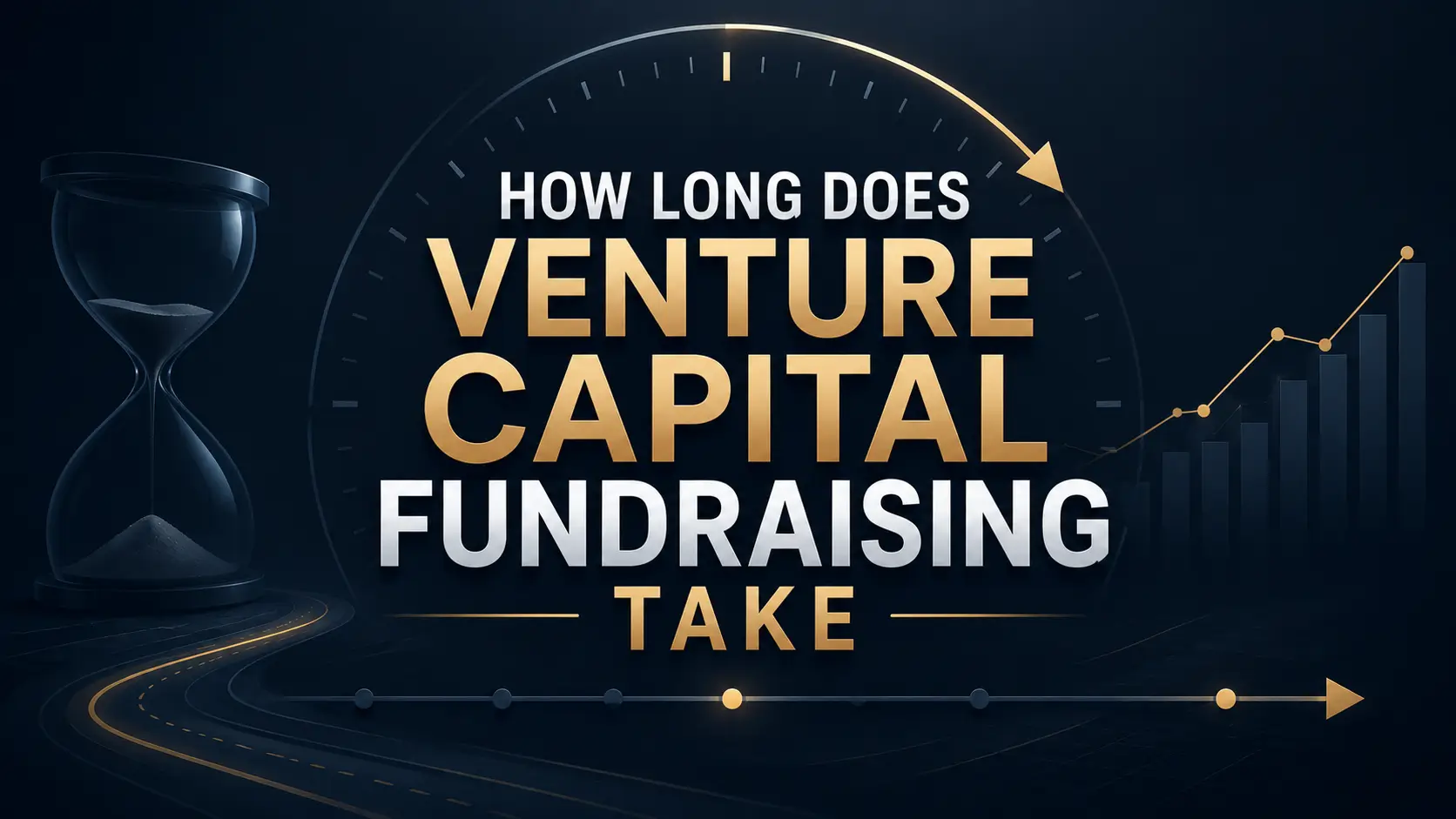 How Long Does Venture Capital Fundraising Take How long does venture capital fundraising take, with an hourglass, rising chart, and gold arrow on a dark blue background