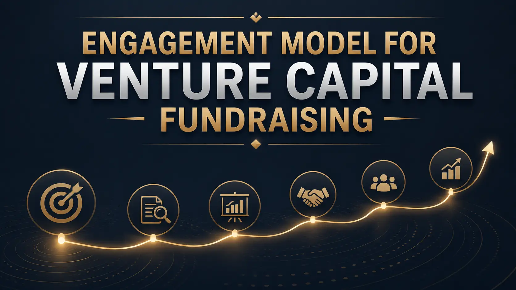 Venture Capital Fundraising Engagement Model Venture capital fundraising engagement model with target, document, presentation, handshake, team, and growth icons on a dark blue background