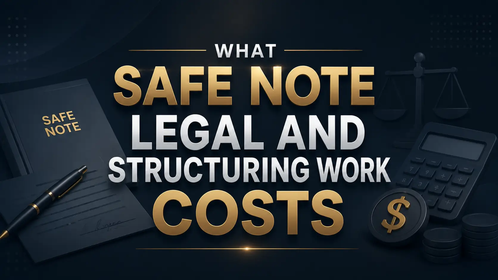 What SAFE note legal and structuring work costs, with a document, pen, calculator, and dollar coin on a dark blue background