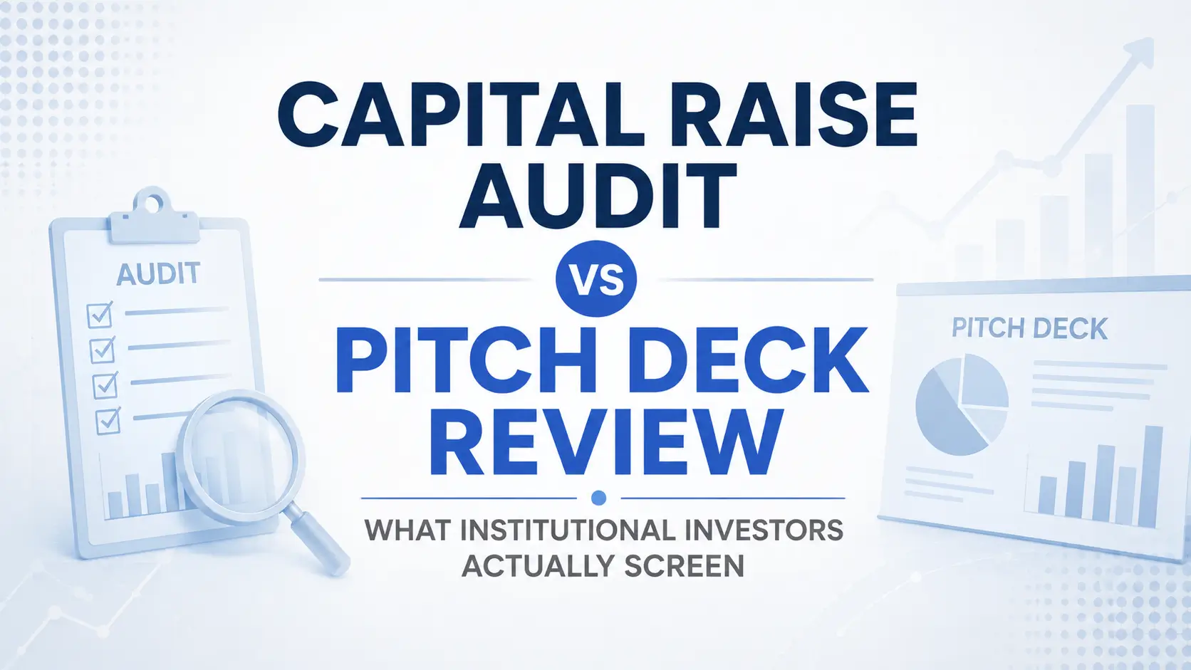 Capital raise audit vs pitch deck review, comparing what institutional investors actually screen with a clipboard, magnifying glass, and pitch deck graphics