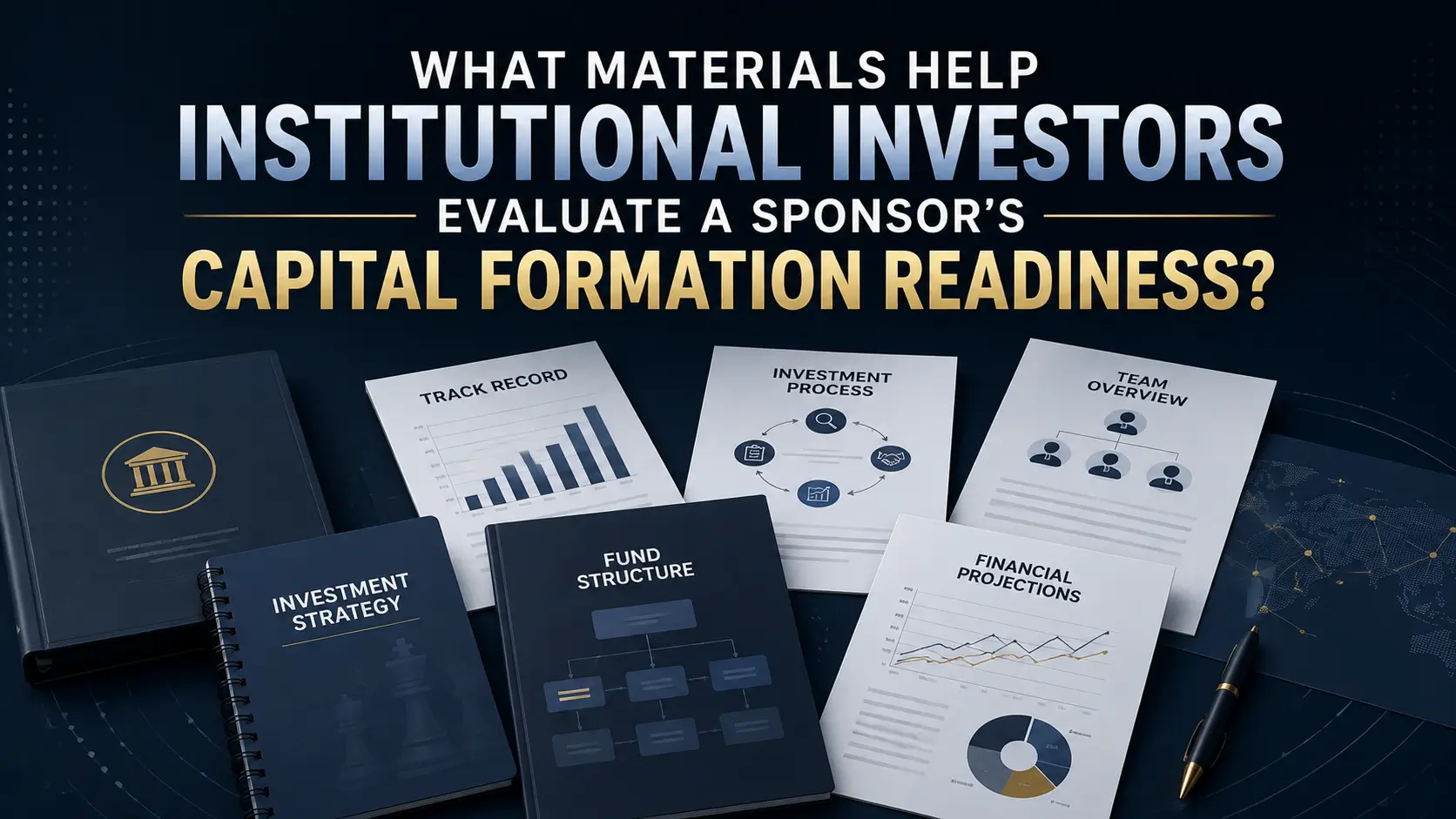 Materials institutional investors evaluate for a sponsor's capital formation readiness, including track record, strategy, fund structure, team, and projections