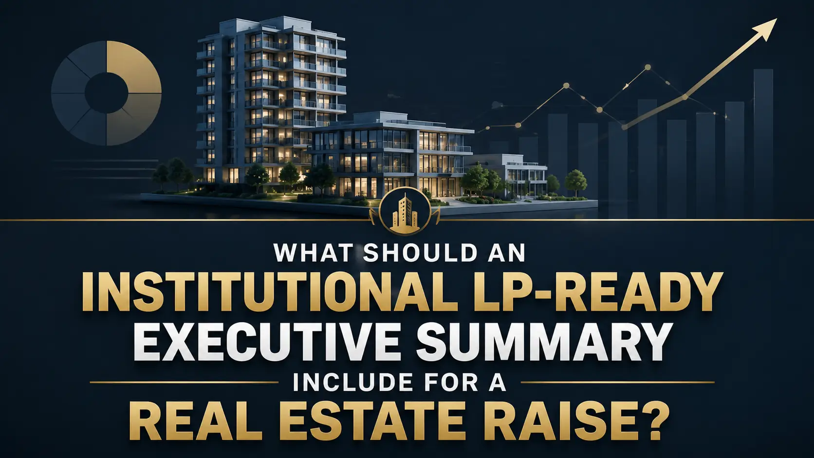 Institutional LP-ready executive summary for a real estate raise, featuring an apartment building, financial charts, and investment graphics