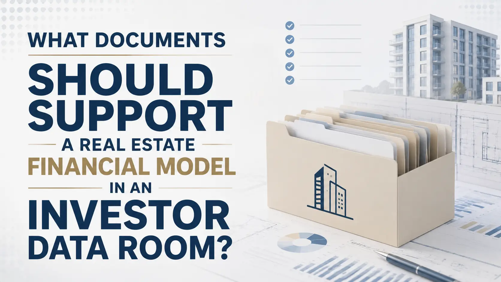 Documents Supporting a Real Estate Financial Model in an Investor Data Room Documents that support a real estate financial model in an institutional investor data room, shown with property files and financial reports