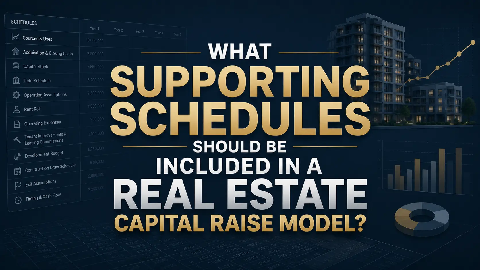 Supporting schedules for a real estate capital raise model, including sources and uses, debt, cash flow, rent roll, expenses, and exit assumptions