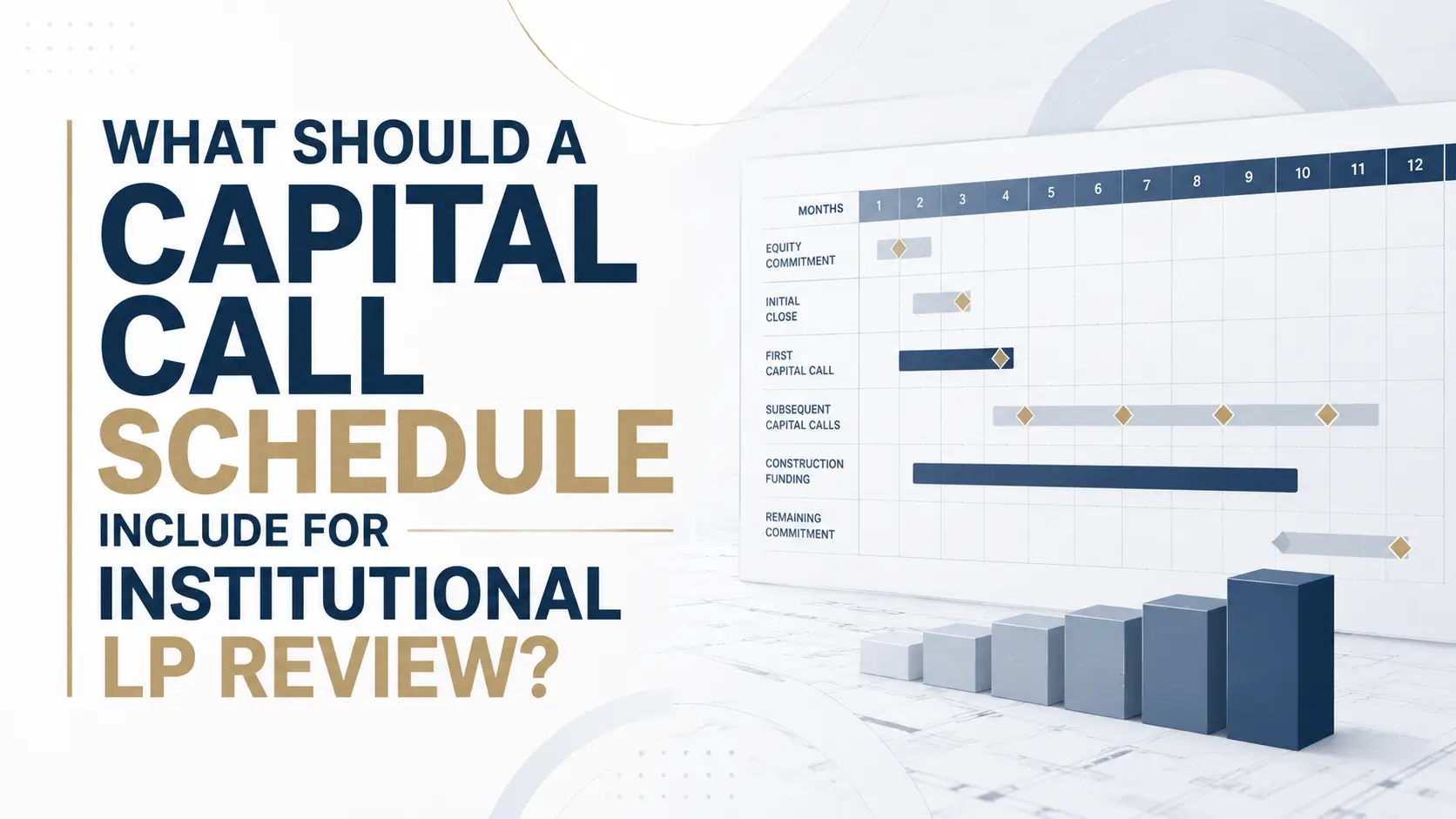 Institutional LP Capital Call Schedule for Real Estate Development Institutional LP capital call schedule showing equity commitment, initial close, capital calls, construction funding, and remaining commitment