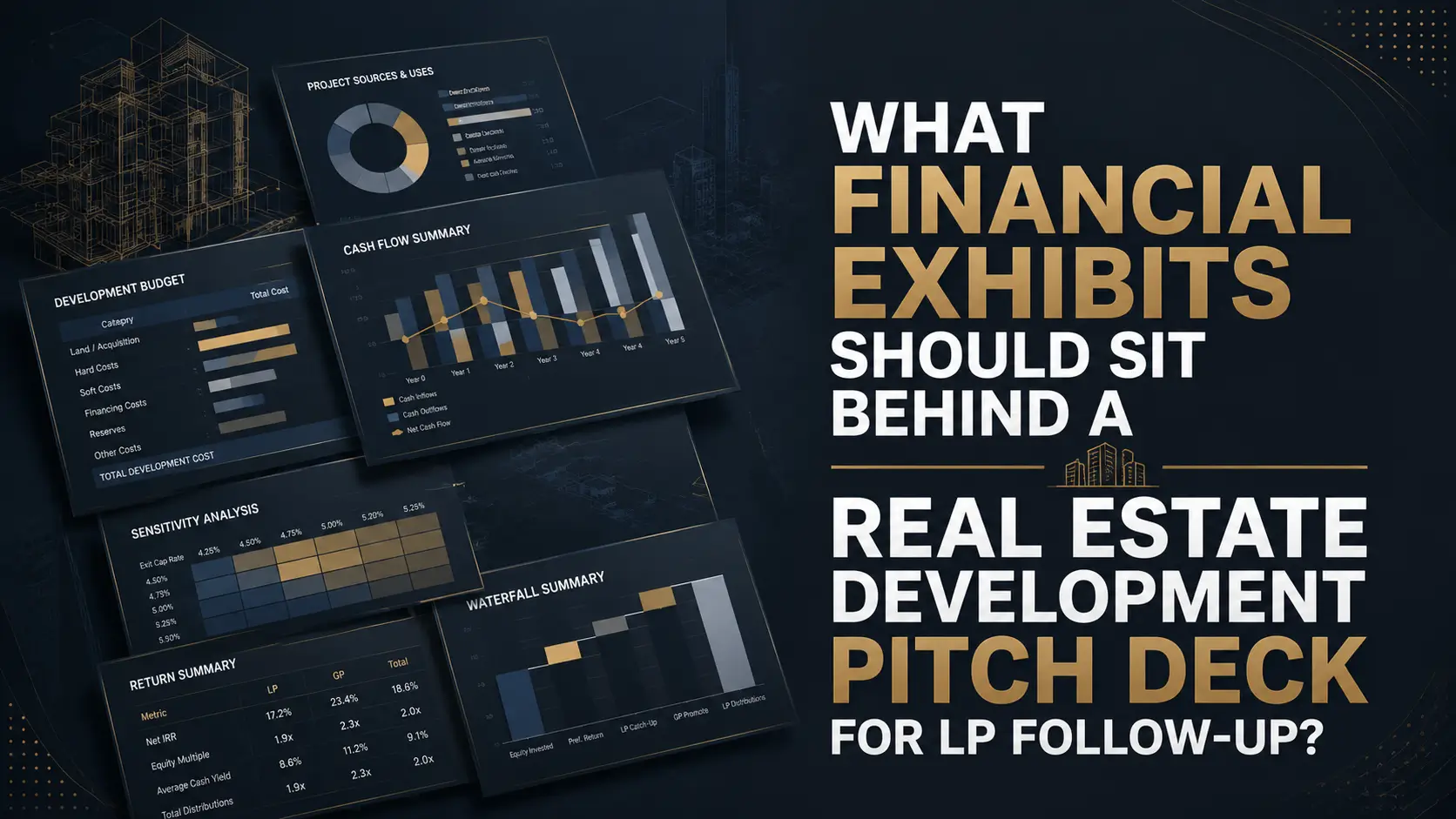 Financial exhibits for a real estate development pitch deck, including sources and uses, cash flow, sensitivity analysis, waterfall, and returns