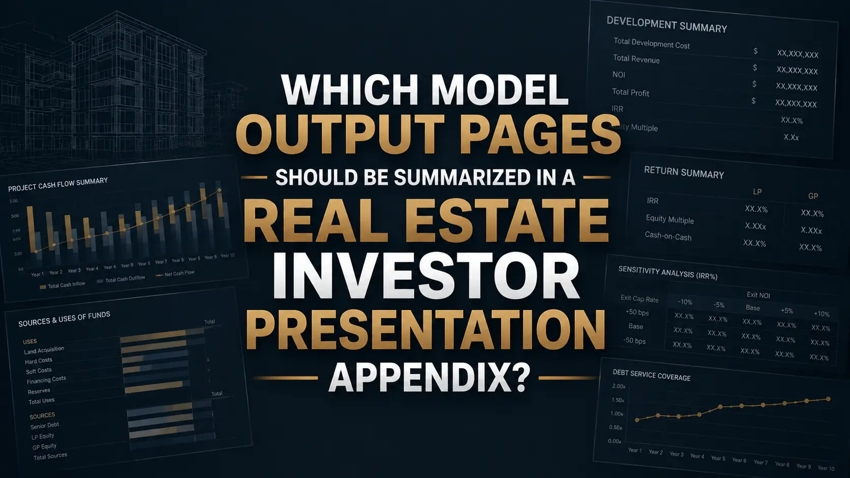Real Estate Investor Presentation Appendix Model Output Pages to Summarize Real estate investor presentation appendix showing model output pages for cash flow, sources and uses, returns, sensitivity analysis, and debt coverage