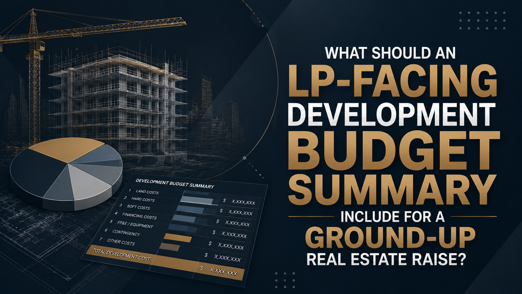 LP-facing development budget summary for a ground-up real estate raise, showing land, hard, soft, financing, contingency, and other costs