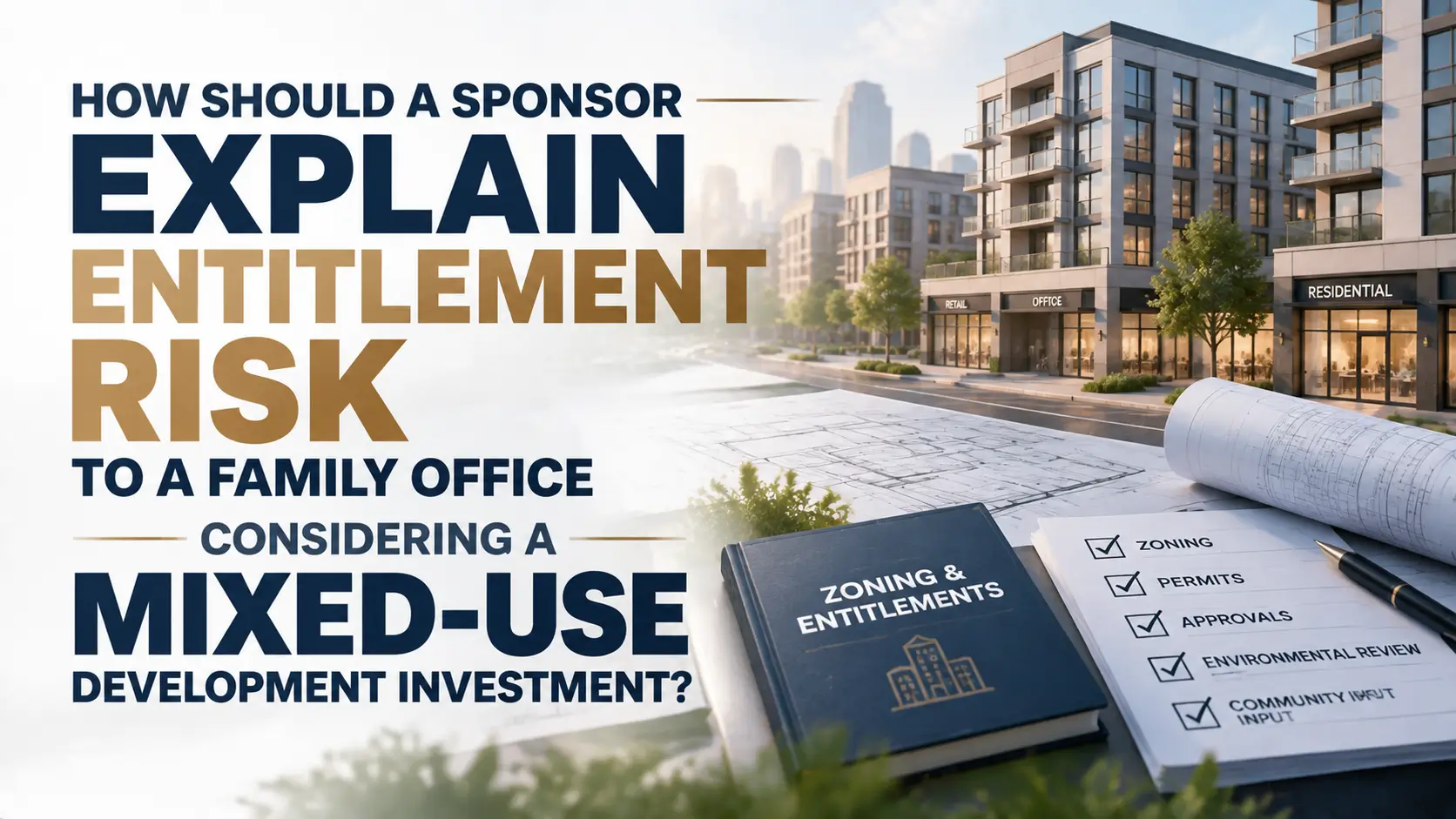 Sponsor explaining entitlement risk to a family office considering a mixed-use development investment